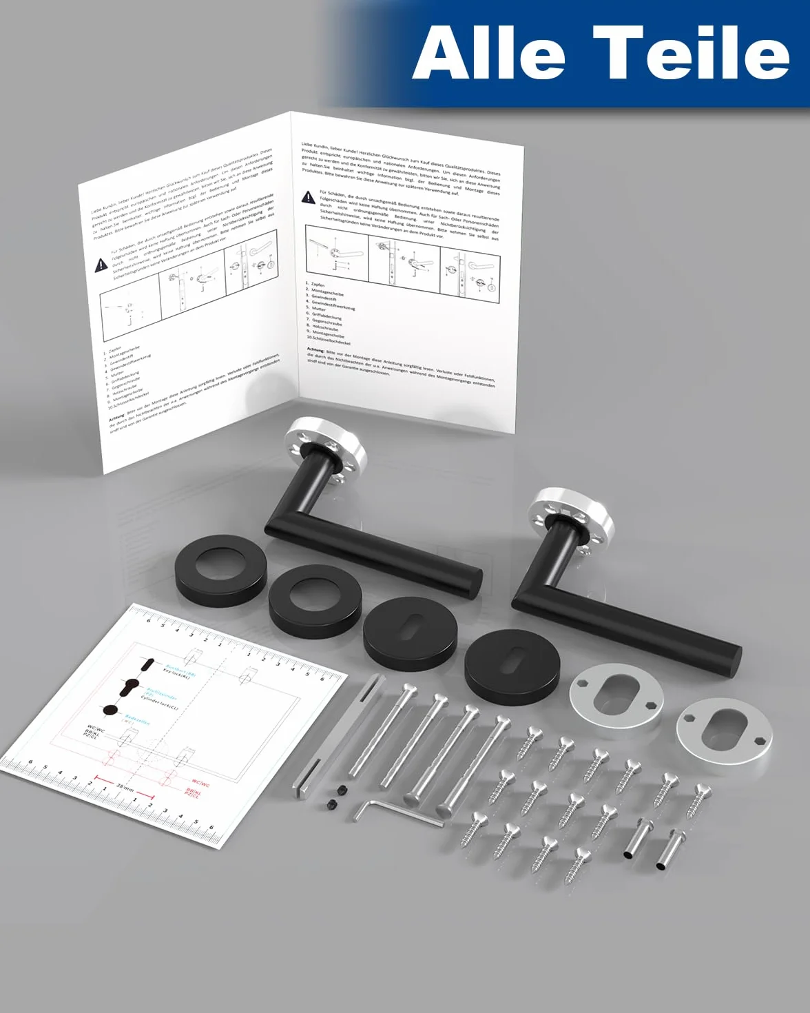 DIYGEEK Klamki do drzwi wewnętrznych, klamka czarna malowana proszkowo do klamek drzwi pokojowych, zestaw klamek ze stali nierdzewnej z rozetą Ø 52 mm BB-Buntbart, kształt litery L
