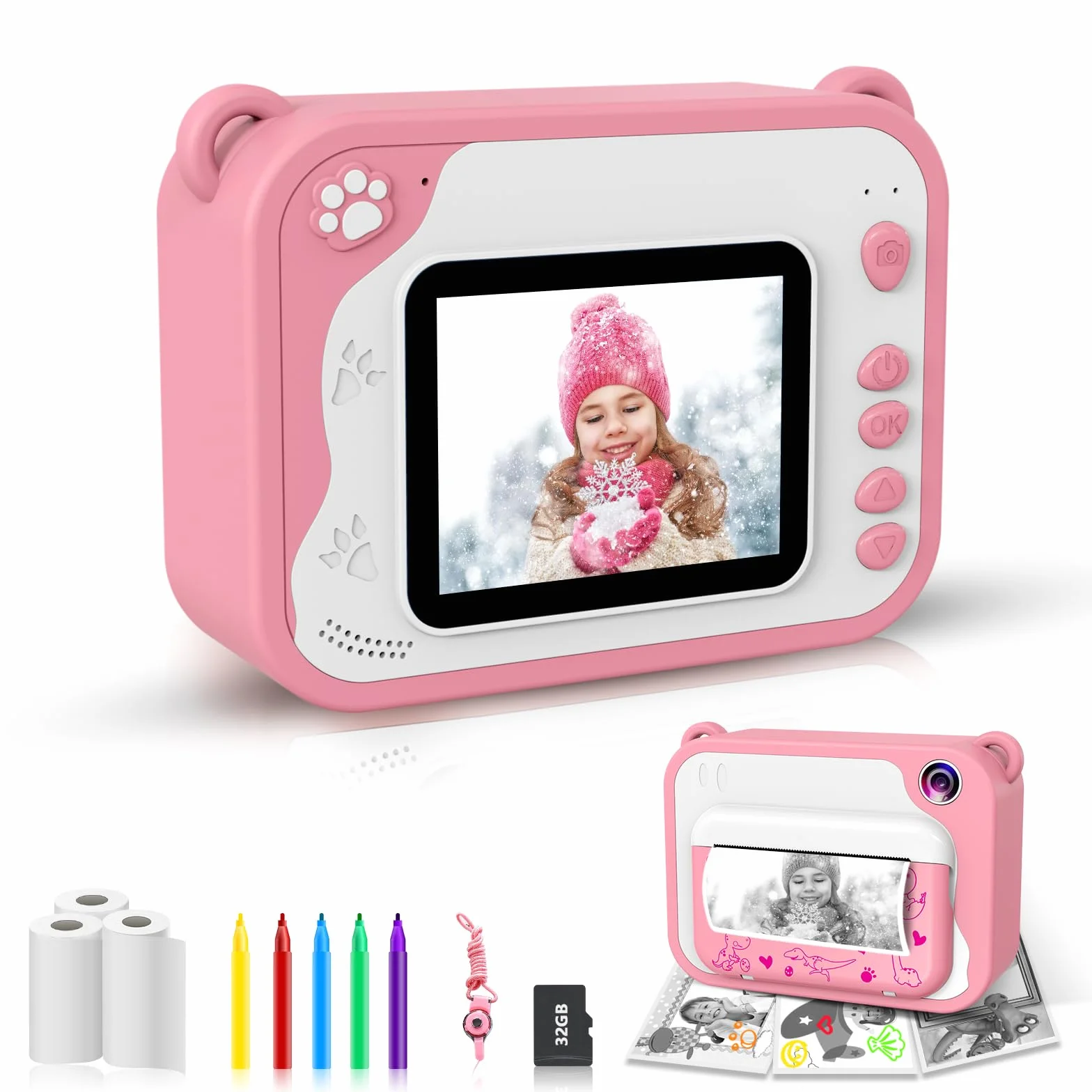 Aparat cyfrowy do natychmiastowego druku dla dzieci 2,4 cala 1080P ekran 32 GB karta SD, długopis 5 kolorów prezenty dla chłopców i dziewcząt