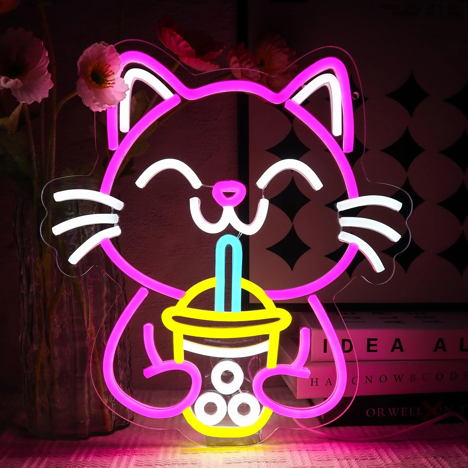 Drink Cat Neonowy znak Neonowy znak kota do dekoracji ściennych Neonowa lampa ścienna USB dla zwierząt Znak LED dla baru Restauracja Salon Klub Sklep Biznes Boba Tea Party Sklep z napojami