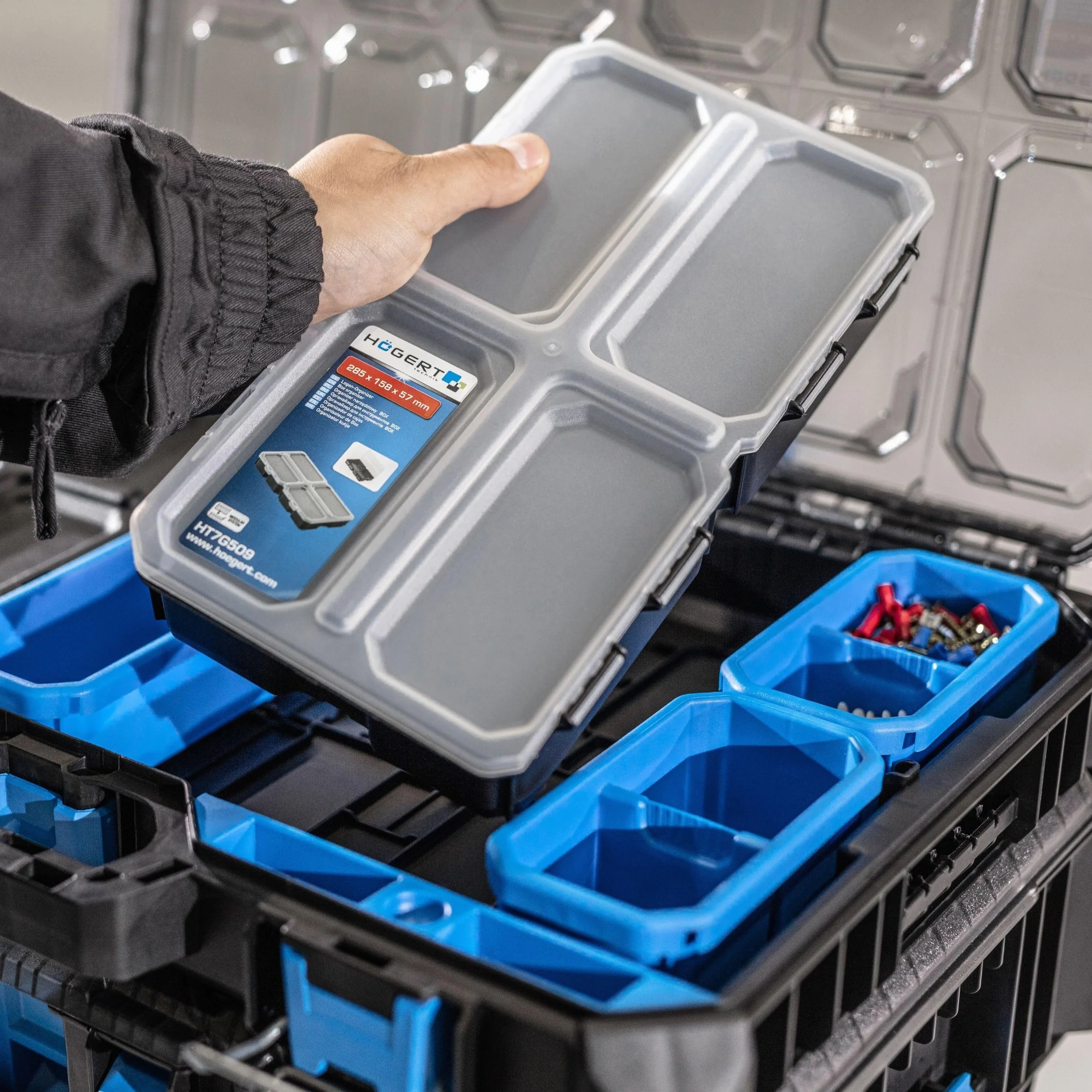 Högert Technik - HT7G509 organizer na narzędzia, mleczna pokrywa z wytrzymałego tworzywa sztucznego, dodatkowe miejsce na narzędzia i przedmioty, praktyczny i pojemny, modułowa konstrukcja