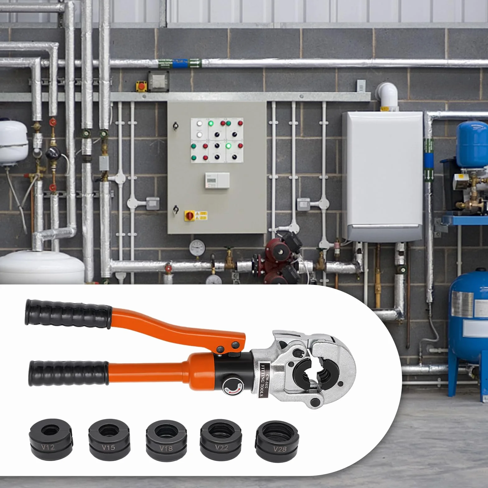 Hydrauliczne szczypce zaciskowe 8 tonów, prasa hydrauliczna, zestaw 5 szczypiec do rur miedzianych, do ogrzewania sanitarnego, warsztatu samochodowego 8T, głowica obrotowa 360°, w zestawie walizka do