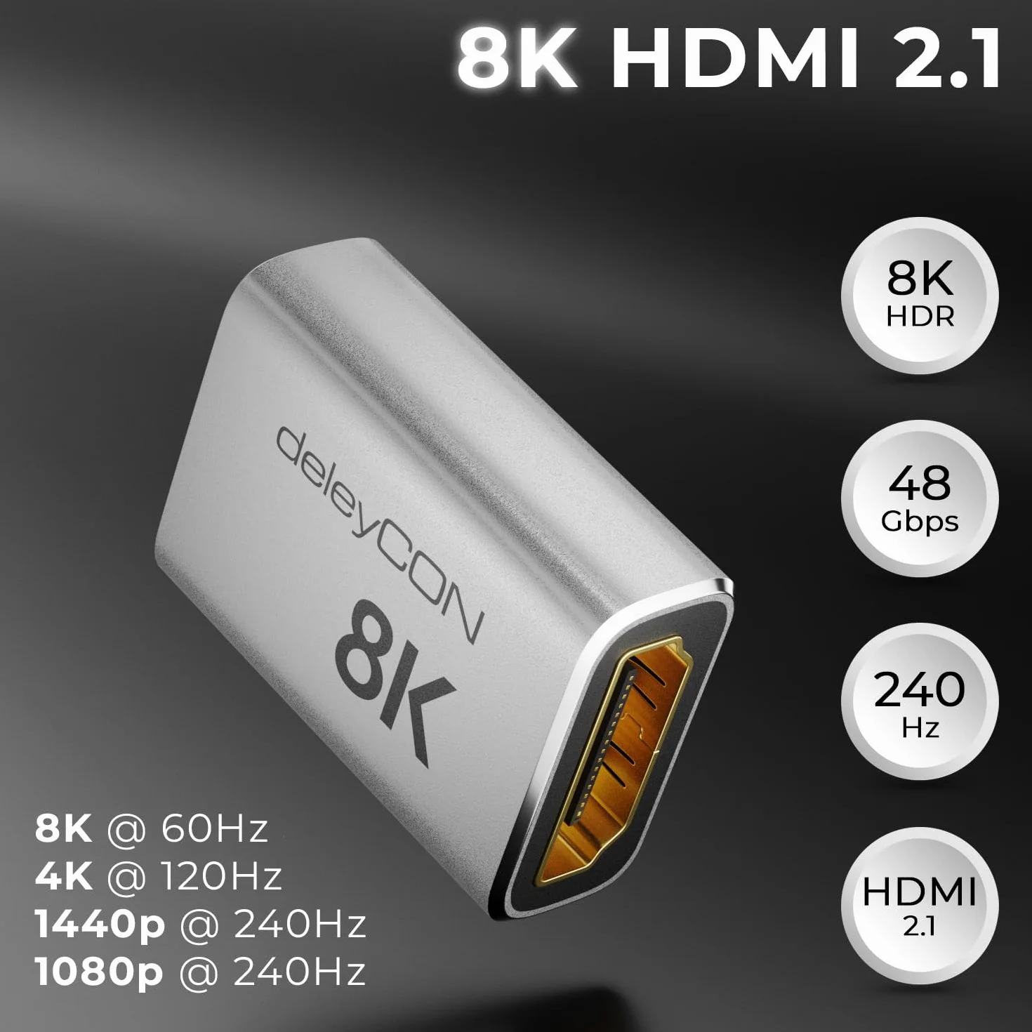 deleyCON 2 Szt. Złączka HDMI 2.1 8K (48G, Ultra High Speed) - Adapter 8K@60Hz, 4K@120Hz, 2K@144Hz/165Hz, EARC, HDCP 2.3/2.2, DTS:X - do HDR Dolby Atmos, TV, PS5, Xbox, Soundbara, Monitora - Srebrny