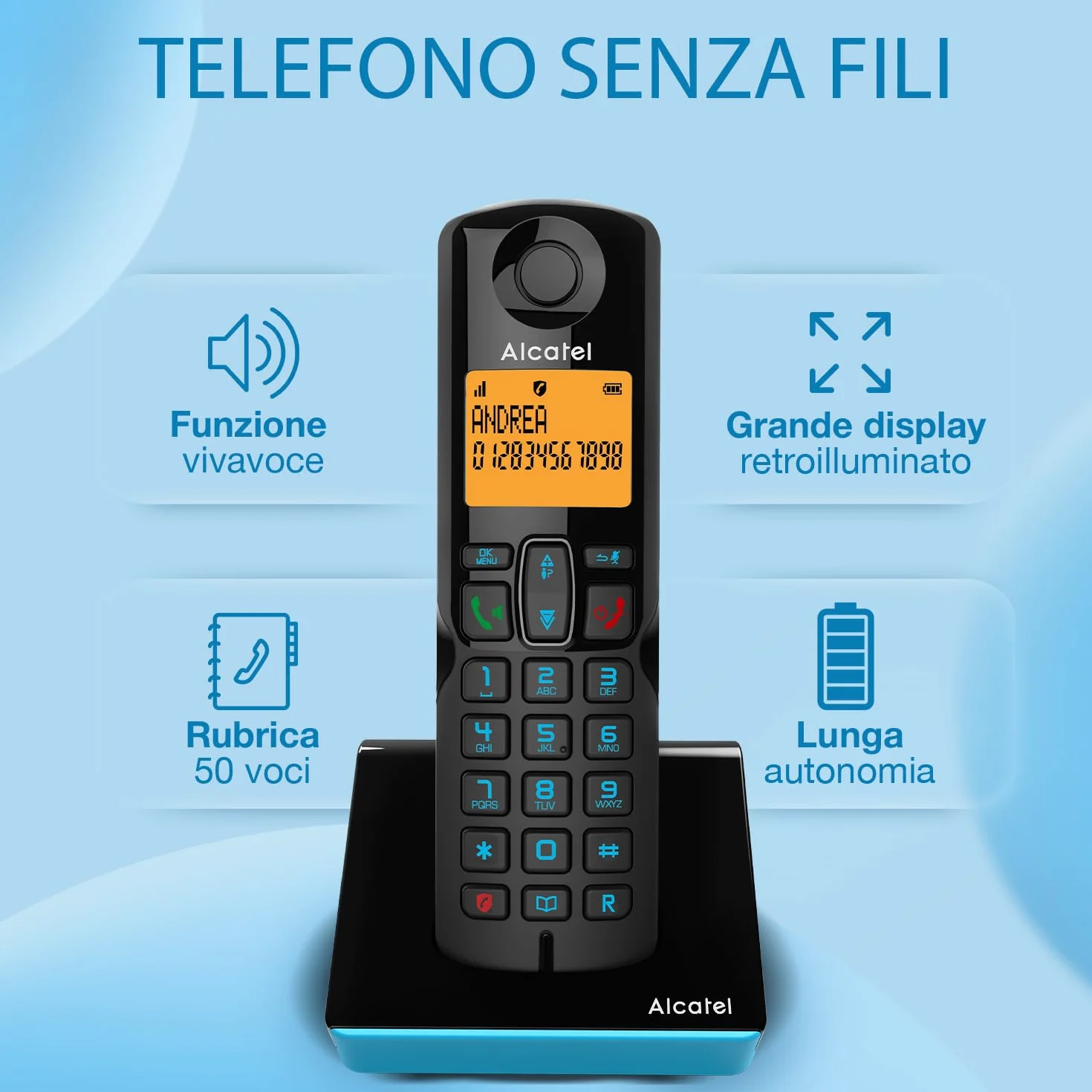 Alcatel S280 czarny i niebieski, zestaw głośnomówiący, funkcja blokowania niechcianych połączeń, 50 nazw i numerów