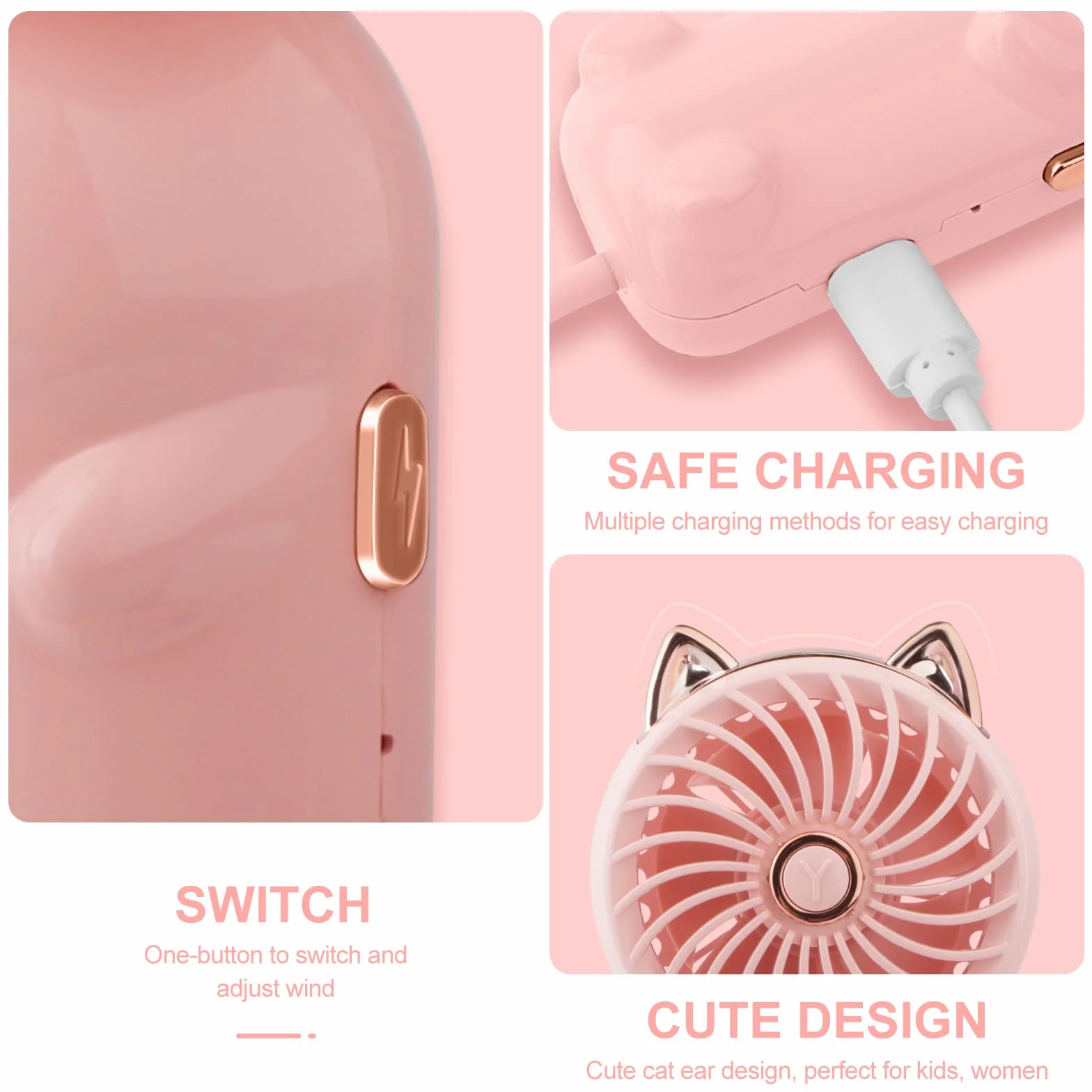 Przenośny wentylator ręczny, mini wentylator USB z akumulatorem i 3 prędkościami, uroczy osobisty mały wentylator elektryczny dla dziewcząt / kobiet / dzieci do podróży na świeżym powietrzu, składany