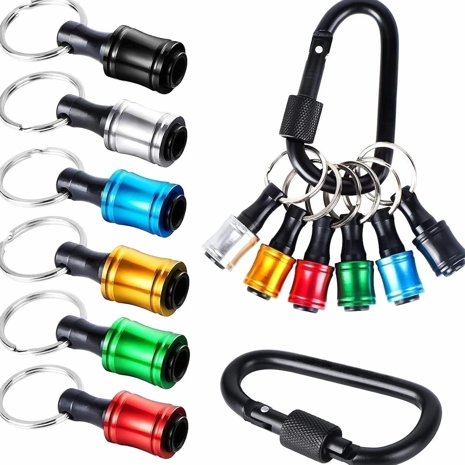 6 szt. 1/10.2 cm uchwyt na śrubokręt ze stopu aluminium, przedłużacz pręt wiertarski adapter zmiana breloka przenośny, z czarnym karabińczykiem (bity nie są dołączone)