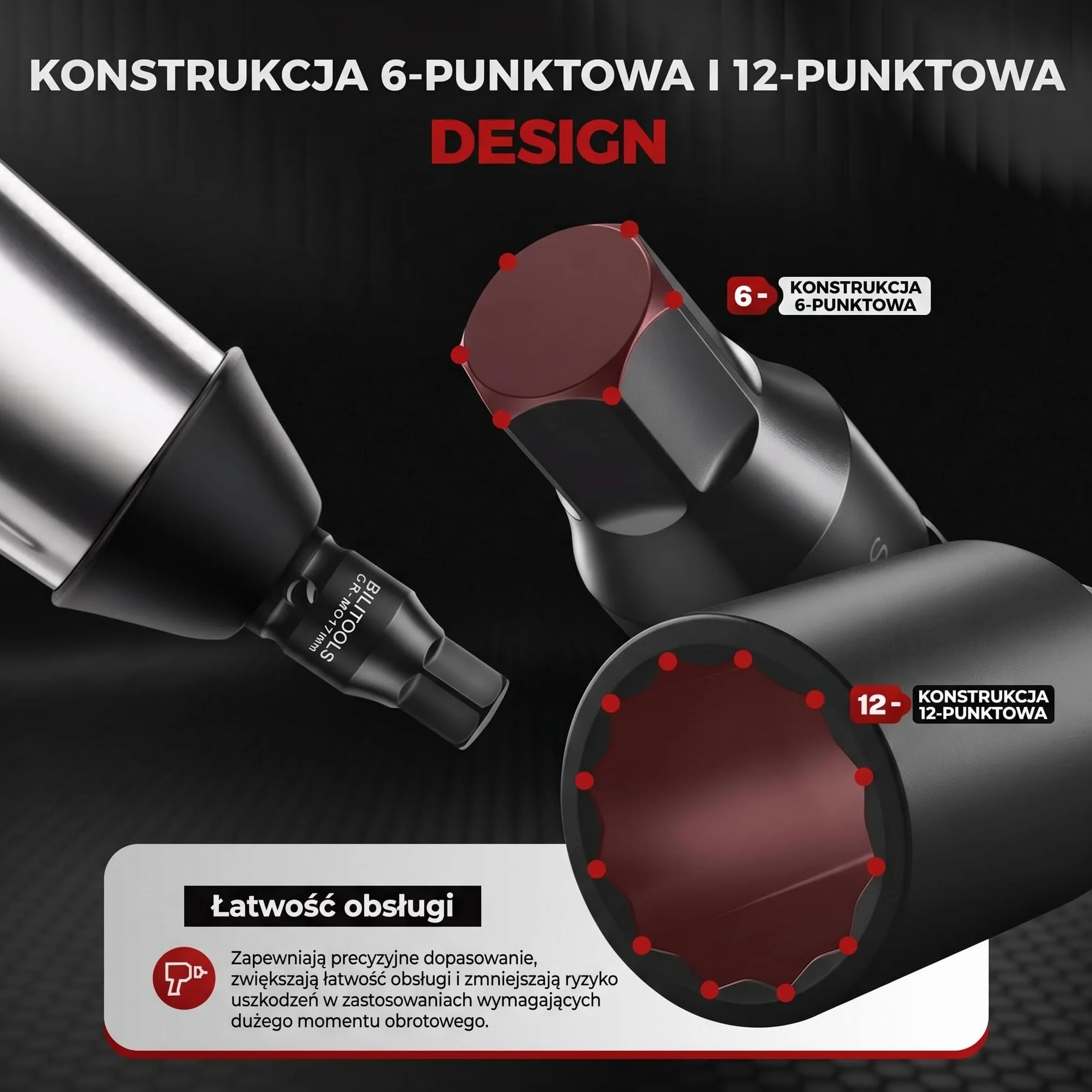 BILITOOLS Zestaw nasadek udarowych wrzeciona 1/2" | 12-punktowy | CR-MO | 14-17 - 19-30 - 32-34 - 35-36 mm