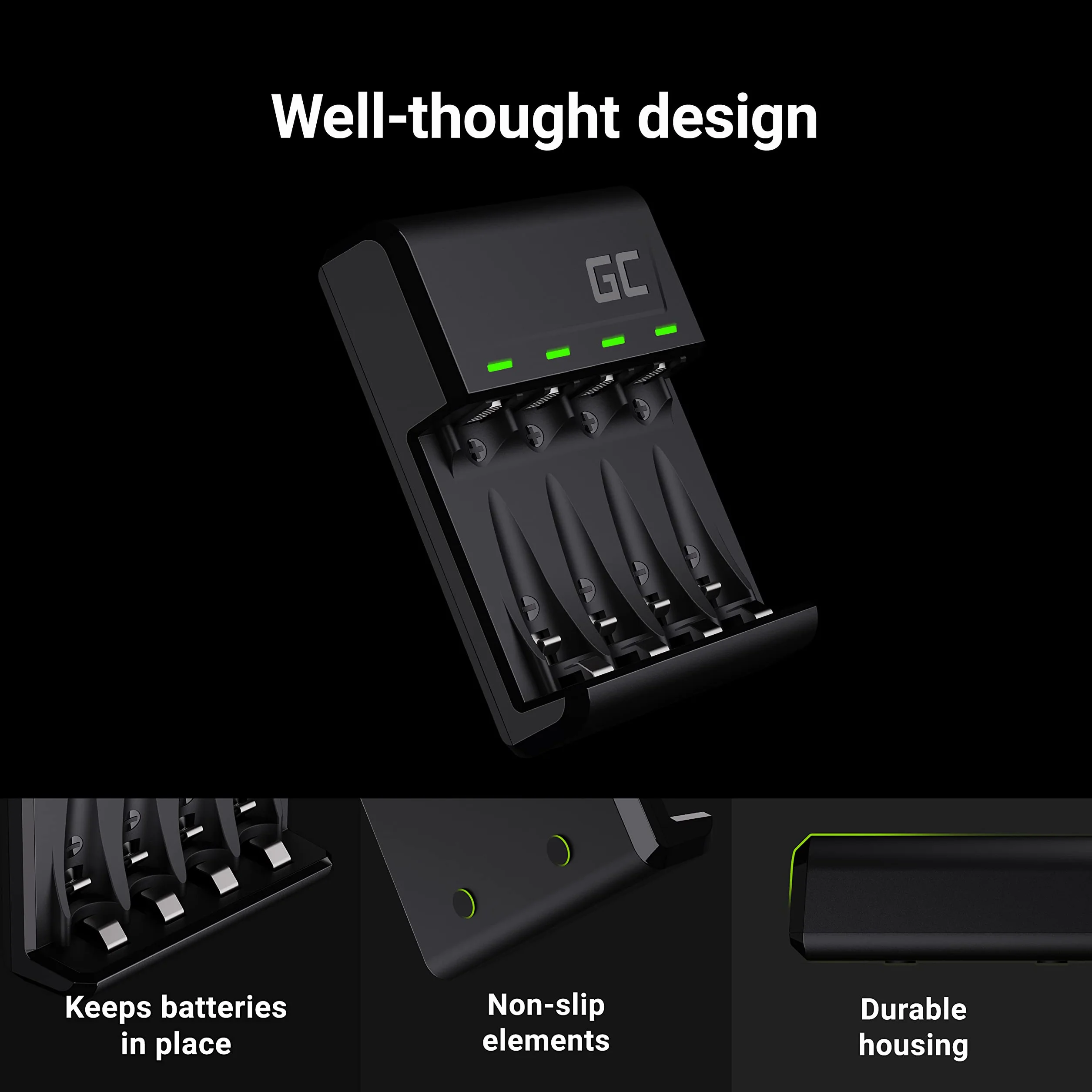 Green Cell Ładowarka akumulatorów VitalCharger Ni-MH AA R6 Mignon i AAA R03 z portami Micro USB i USB-C, 4-kanałowy system ładowania, sygnalizacja LED.