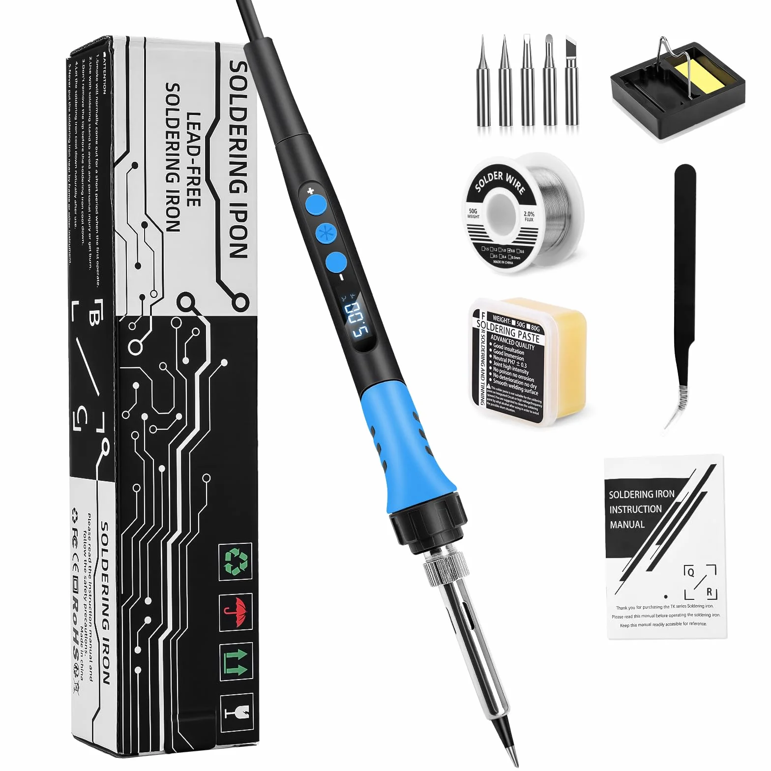 Zestaw do lutowania, 90 W LED lutownica z regulacją temperatury od 180°C do 480°C, 5 x lutownica, pasta lutownicza, drut lutowniczy, uchwyt do lutownicy, zestaw do naprawy spawania, niebieski