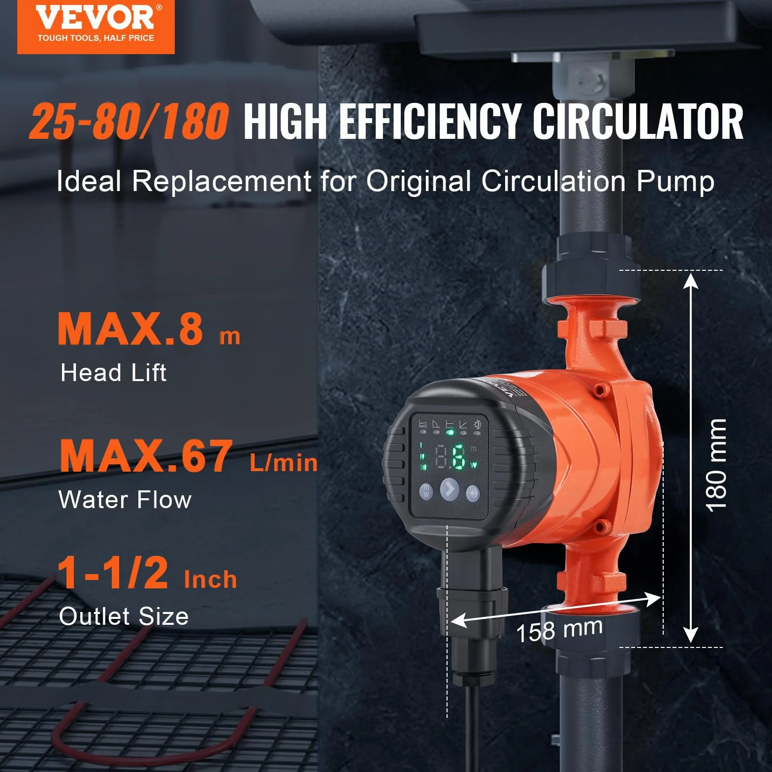 VEVOR Pompa obiegowa do ciepłej wody, LPS25-8BP-180, pompa grzewcza, 67 l/min automatyczna pompa wodna ECM, 220 V 60 W Wysokość odpływu 8 m do systemu ogrzewania wody