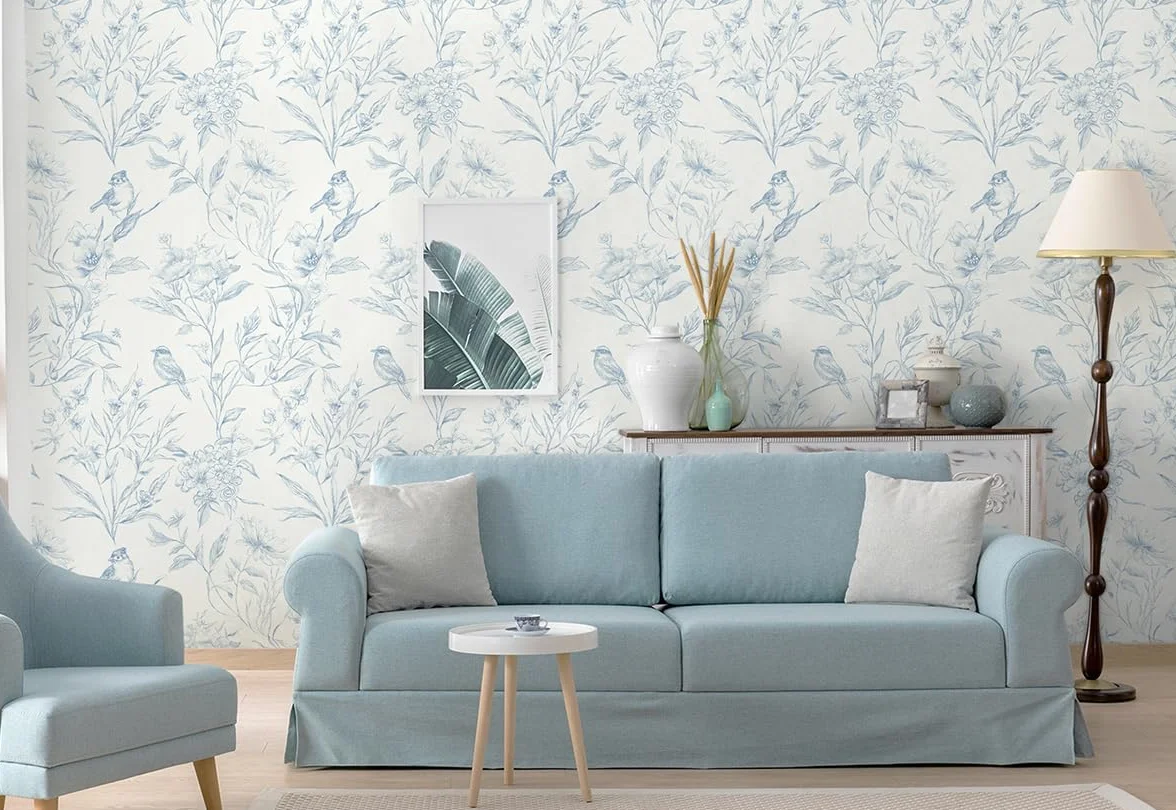 LiKiLiKi Samoprzylepna tapeta beżowa i niebieska – Folia samoprzylepna do mebli – 44 x 300 cm – Vintage – Tapeta w kwiaty – Do łazienki, salonu, szafy – Zdejmowalna – Wodoodporna – Nadaje się do