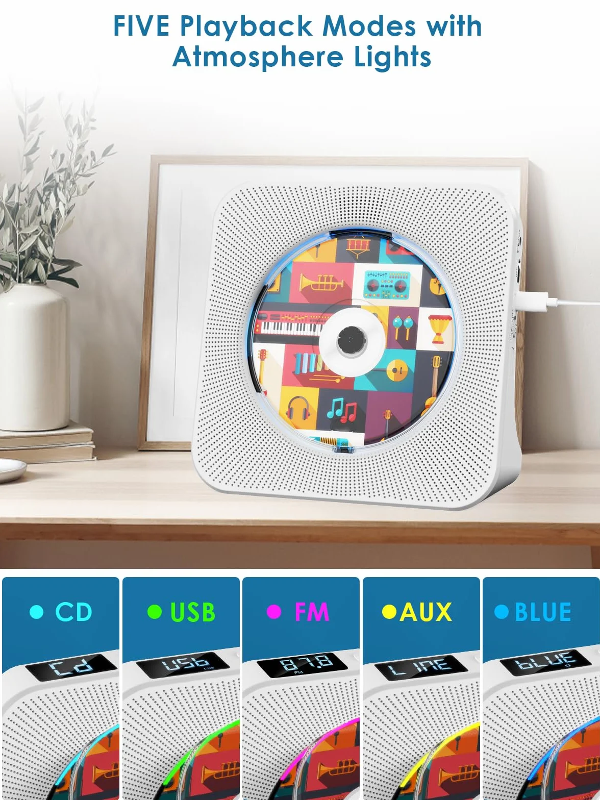 Gueray Odtwarzacz CD Bluetooth stacjonarny z radiem FM, USB-C, głośnikami HiFi i wyświetlaczem LCD