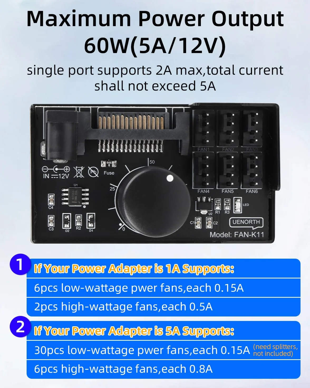 Kontroler wentylatora PWM 6-portowy 4-pinowy 12V SATA DC 5521 czarny