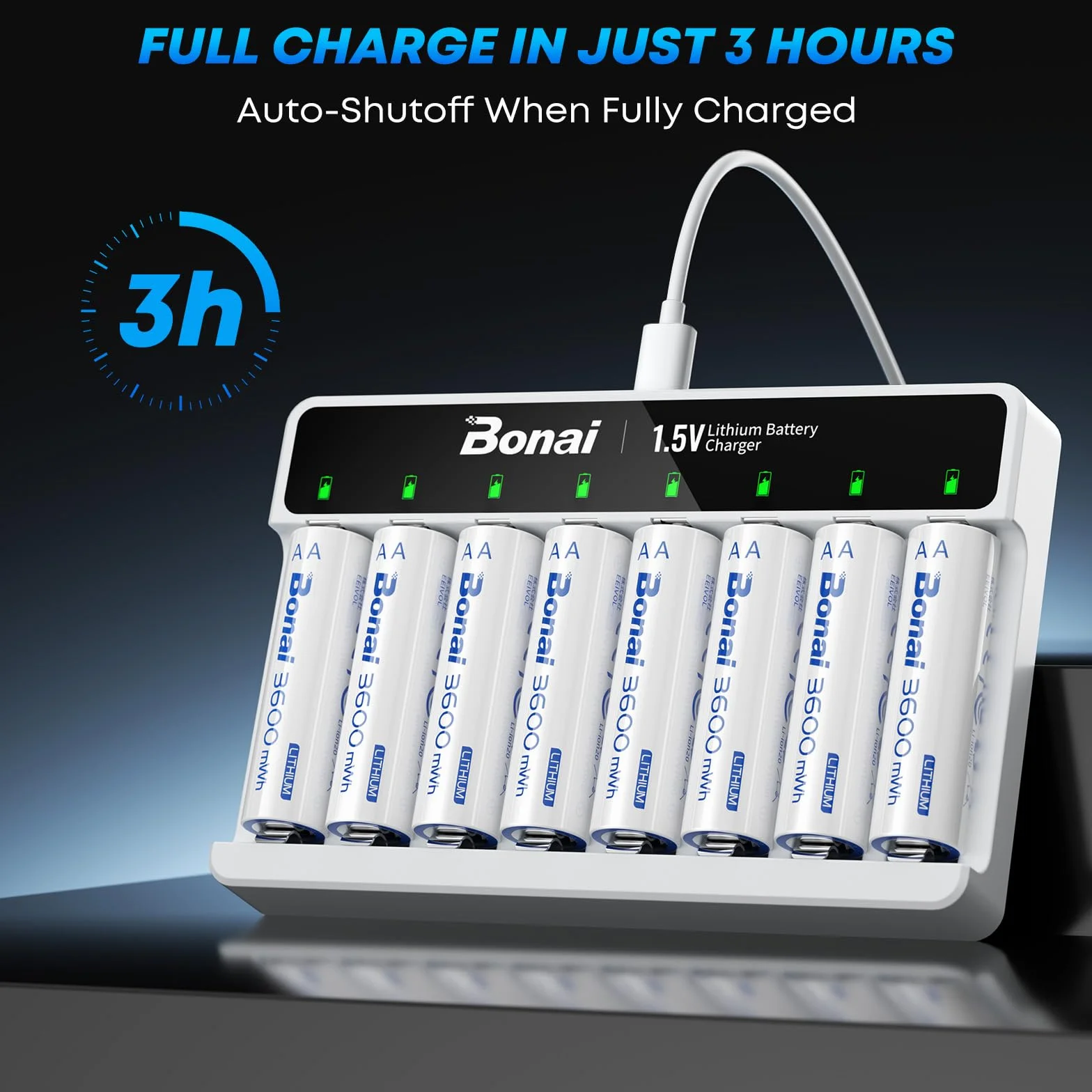 BONAI Baterie litowe AA 1,5 V 3600 mWh 8 sztuk z ładowarką do kamery Smart Lock latarki