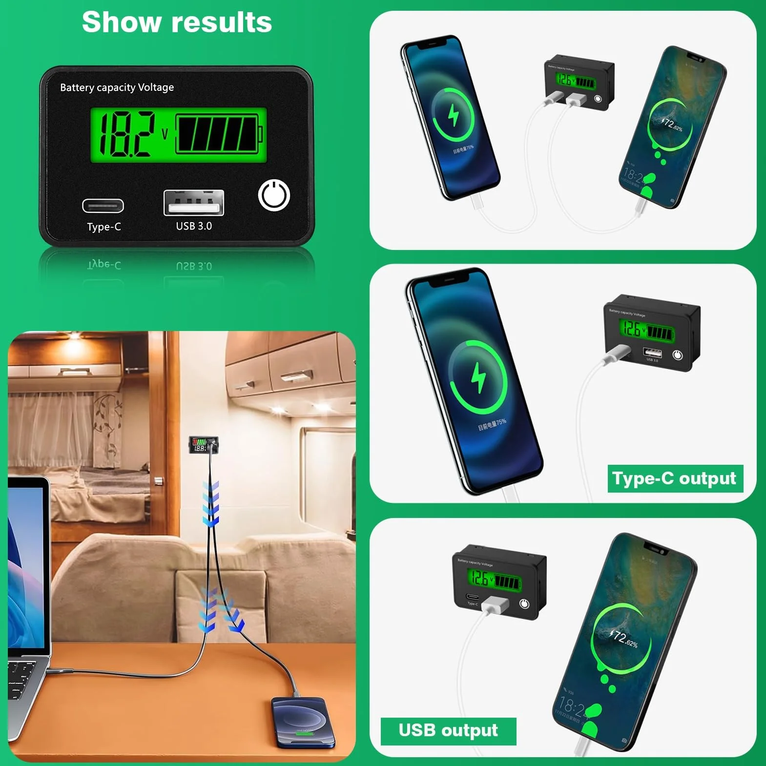 DEWIN Monitor pojemności akumulatora 12 V, pojemność baterii, woltomierz, monitor baterii, wskaźnik naładowania z interfejsem USB i USB C, 12 V, 24 V, wskaźnik baterii ołowiowo-litowej
