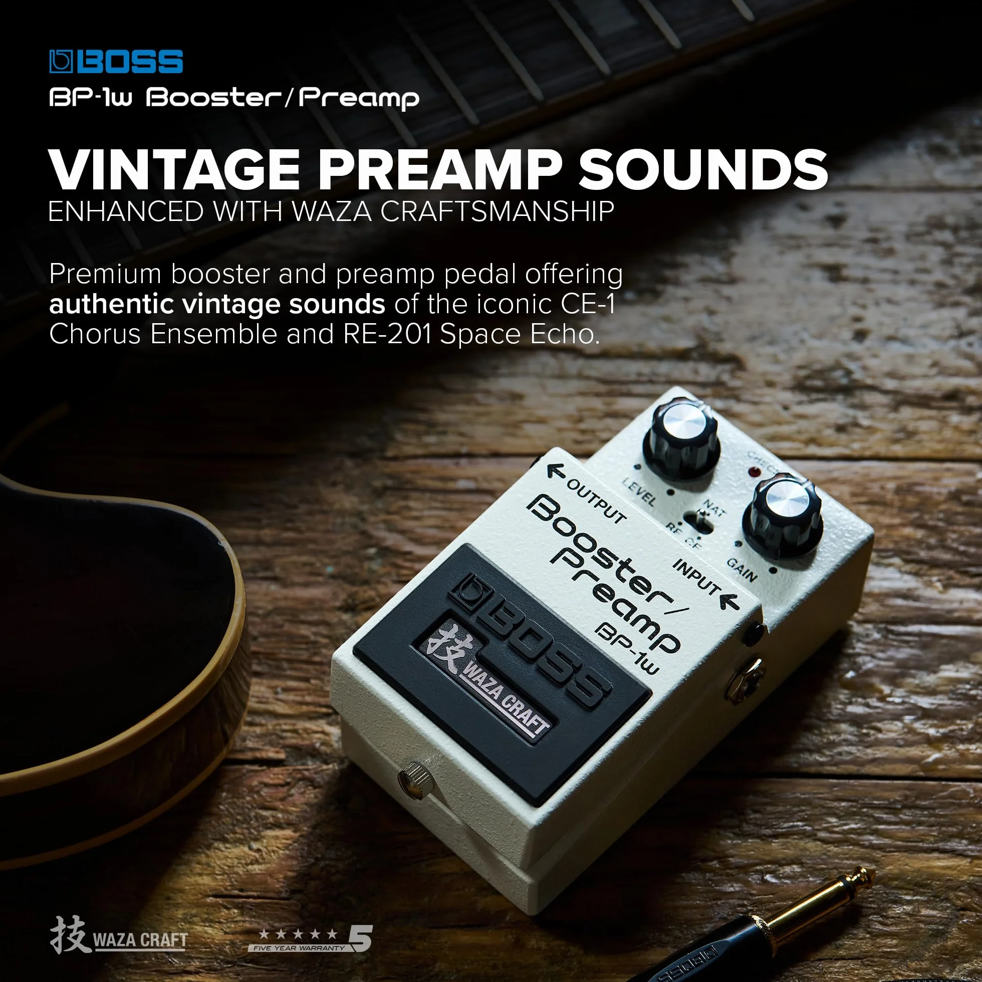 BOSS BP-1W Booster/Preamp - Efekt Pedał Premium Waza Craft z Obwodem Analogowym - Dźwięki Vintage z BOSS CE-1 Chorus Ensemble i Roland RE-201 Space Echo - Bufor Standardowy i Vintage
