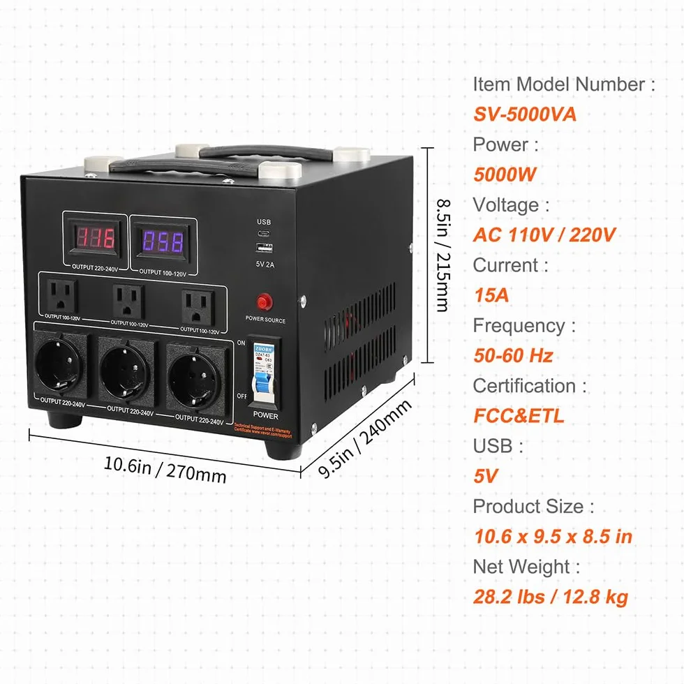 VEVOR Transformator napięcia 5000 W AC 110 V 220 V transformator 3 x US NEMA 5-15R 3-biegunowy / 3 x europejskie gniazda wyjściowe Shucko, 1 x złącze USB 5 V i 1 x gniazdo typu C