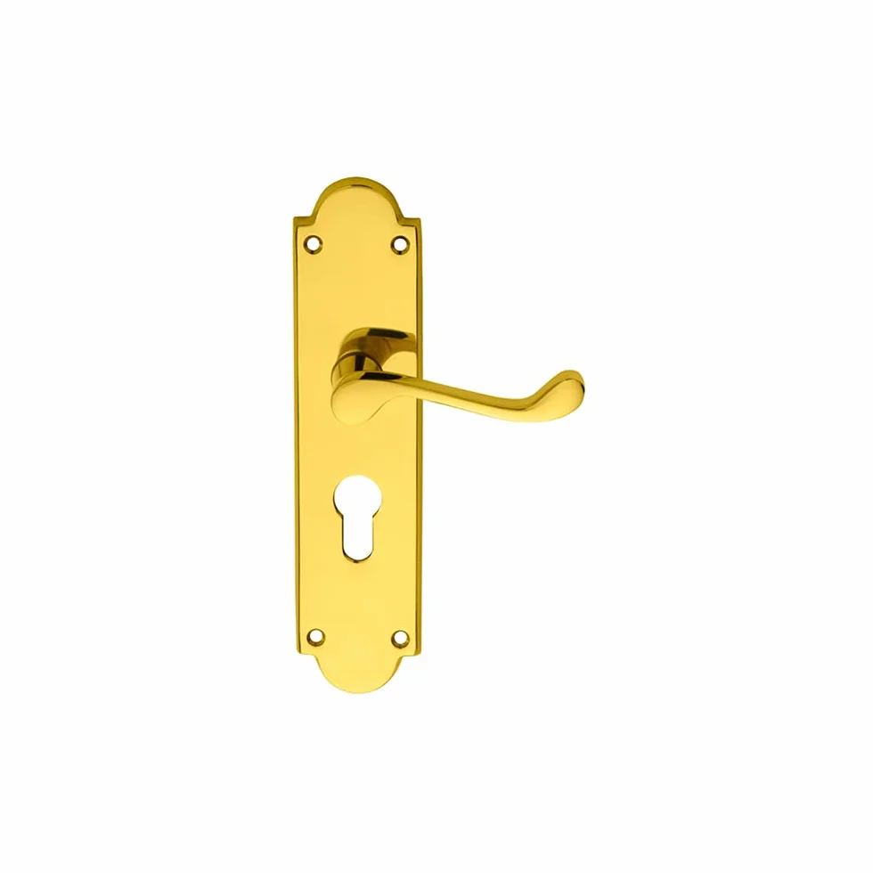 Para wiktoriańskich dźwigni przewijania na tylnej płycie Euro Lock - 205 x 49 mm - polerowany mosiądz, tradycyjna dźwignia na klamce drzwi tylnych, okucia do drzwi wewnętrznych - dostępne opcje zamka,
