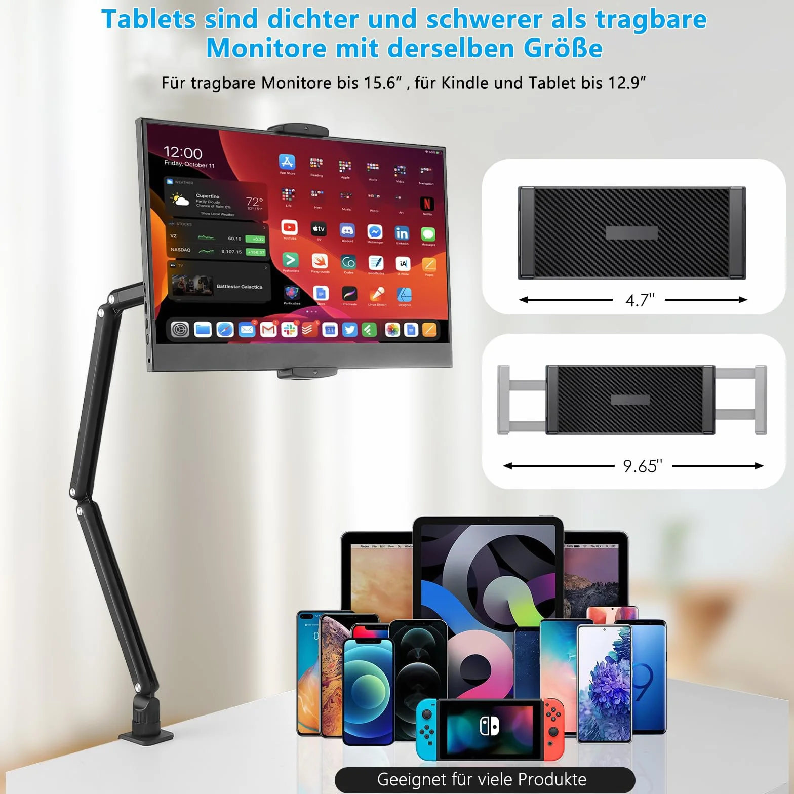 Stojak na tablet iPad, przenośny stojak na monitor, uchwyt biurkowy do ekranu 15,6" 16", aluminium, długi rękaw z podstawą obracającą się o 360°, kompatybilny z ipadami o 4,7-12,9", Kindle