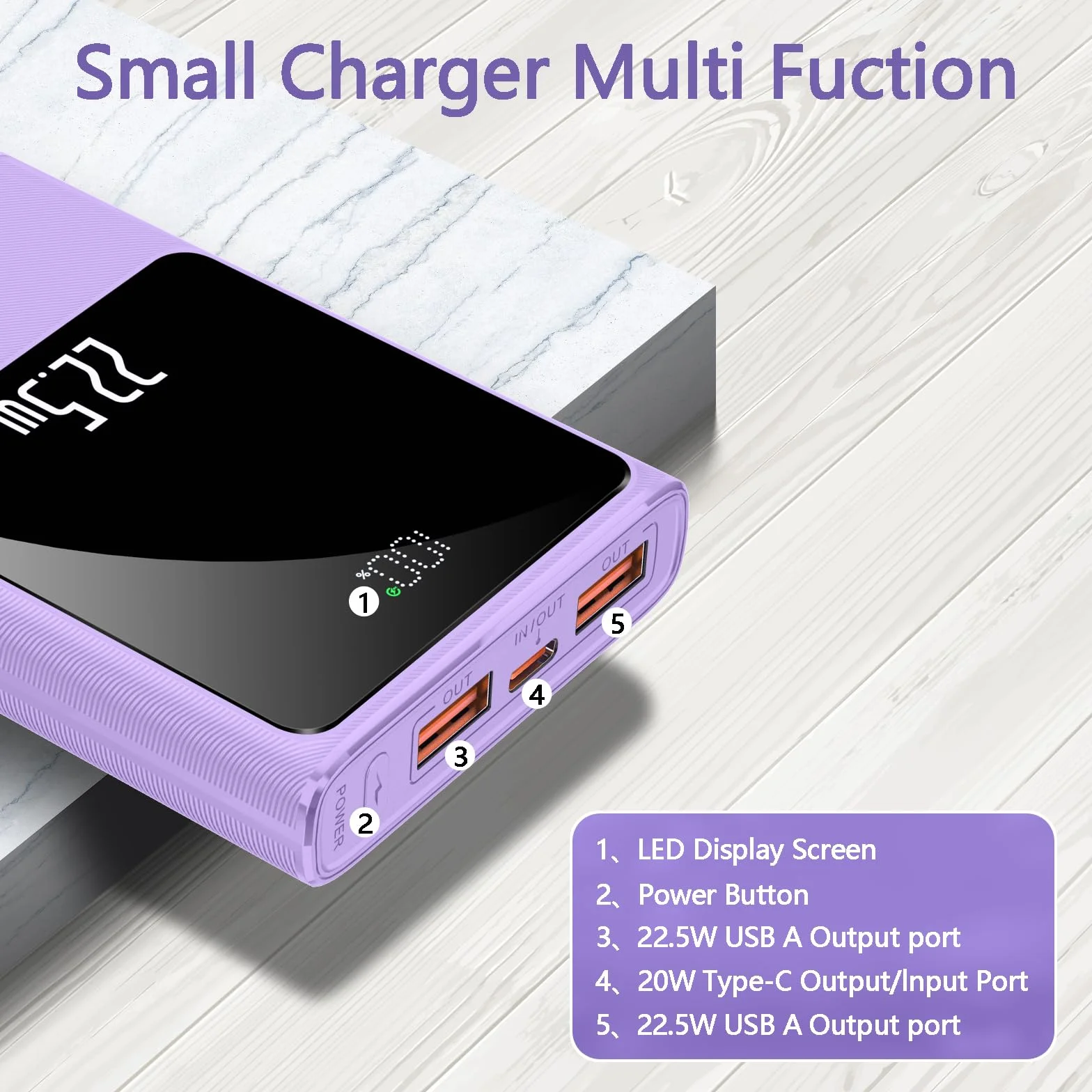 Power Bank 22,5W 10000mAh USB C Przenośna Ładowarka Mini Akumulator Fioletowy