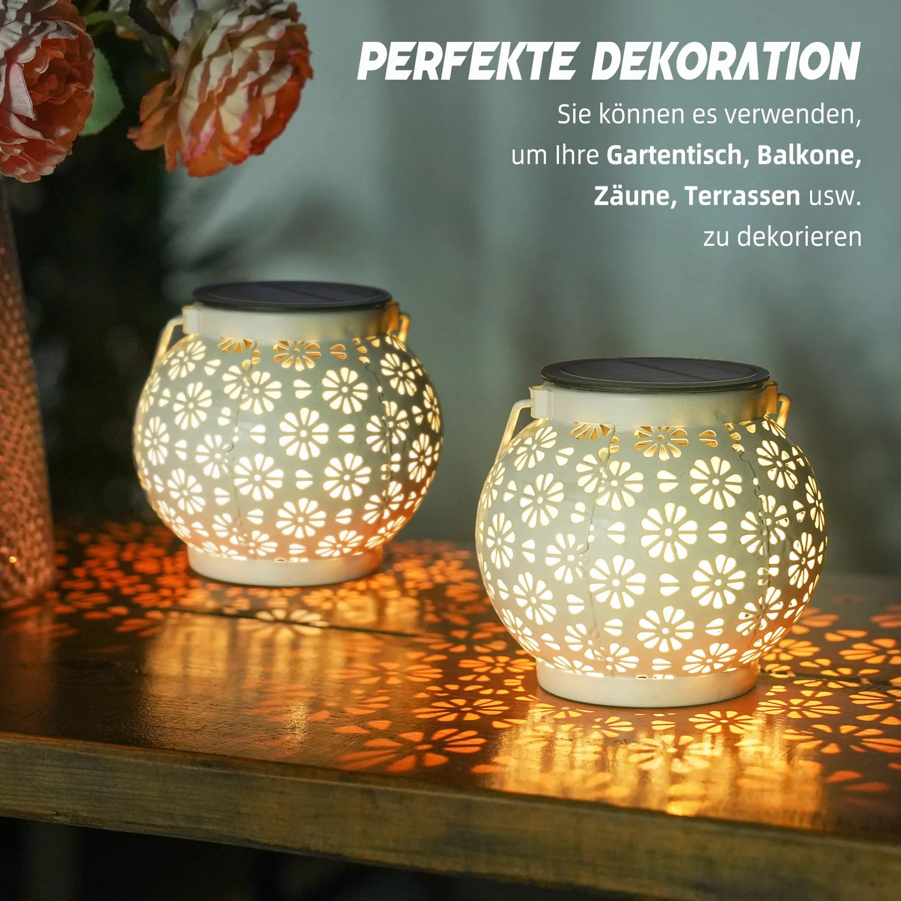 JOYCREATOR Latarnie solarne, 2 sztuki, wodoszczelne metalowe diody LED IP65, żywotność 10 h, do zawieszenia na zewnątrz, dekoracji ogrodu, werandy, stołu, balkonu, tarasu