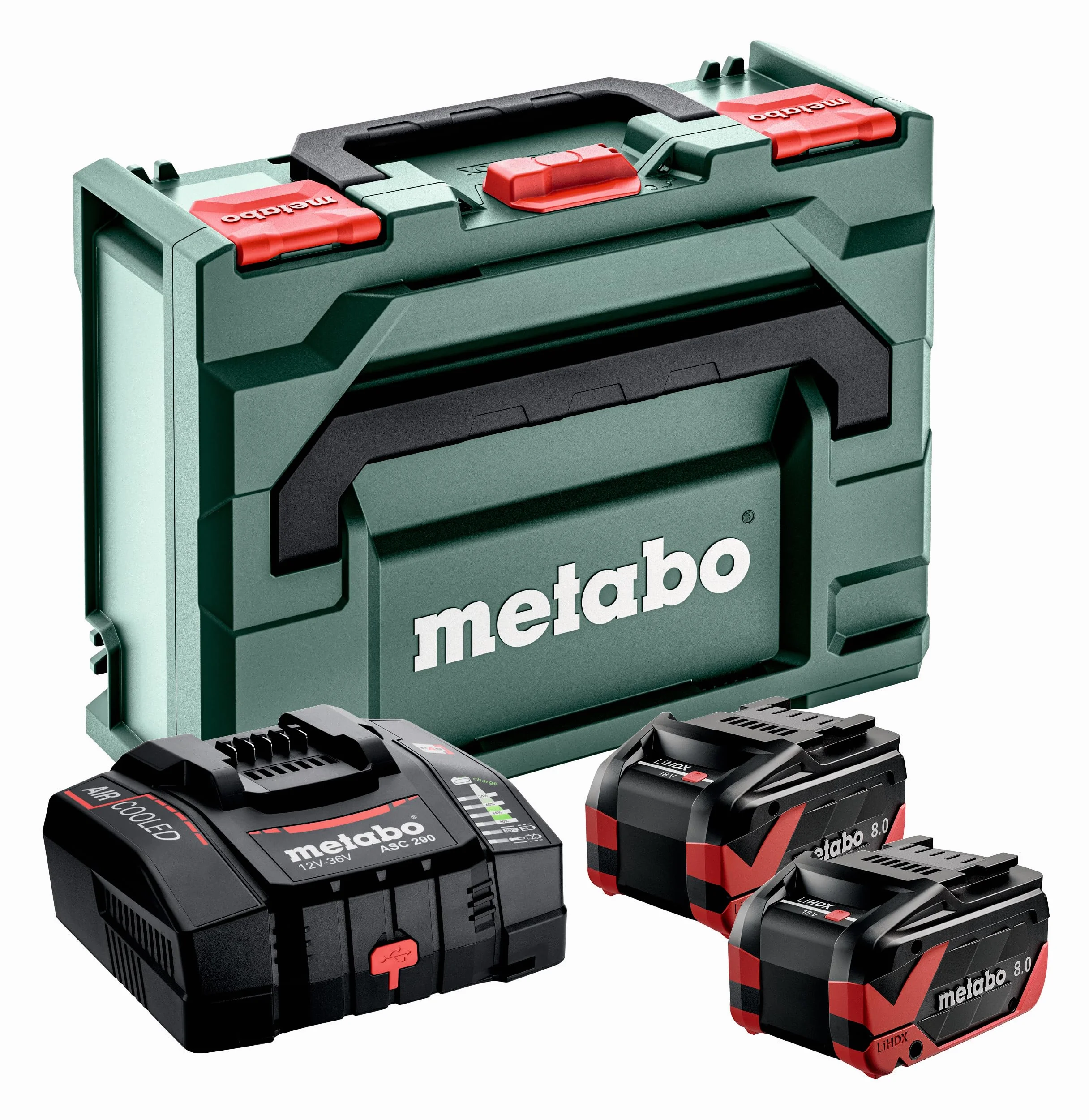 Metabo Zestaw podstawowy 2 x akumulatory LiHDX 8,0 Ah szybka ładowarka ASC 290 metaBOX 145 18 V