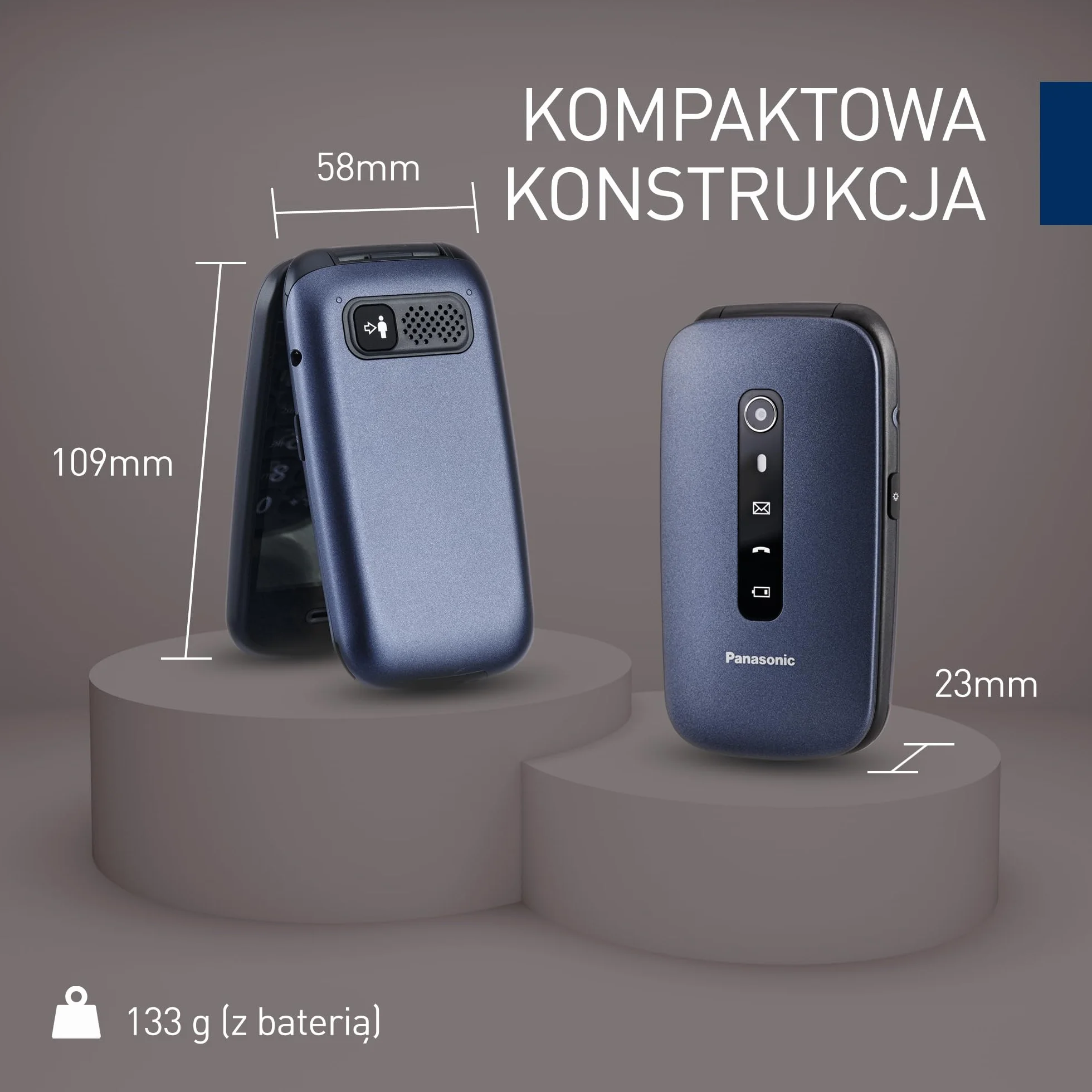 Panasonic KX-TU550 telefon dla seniora z klapką, duży ekran 2,8", aparat 1,2 MP, Clear Voice VoLTE, niebieski