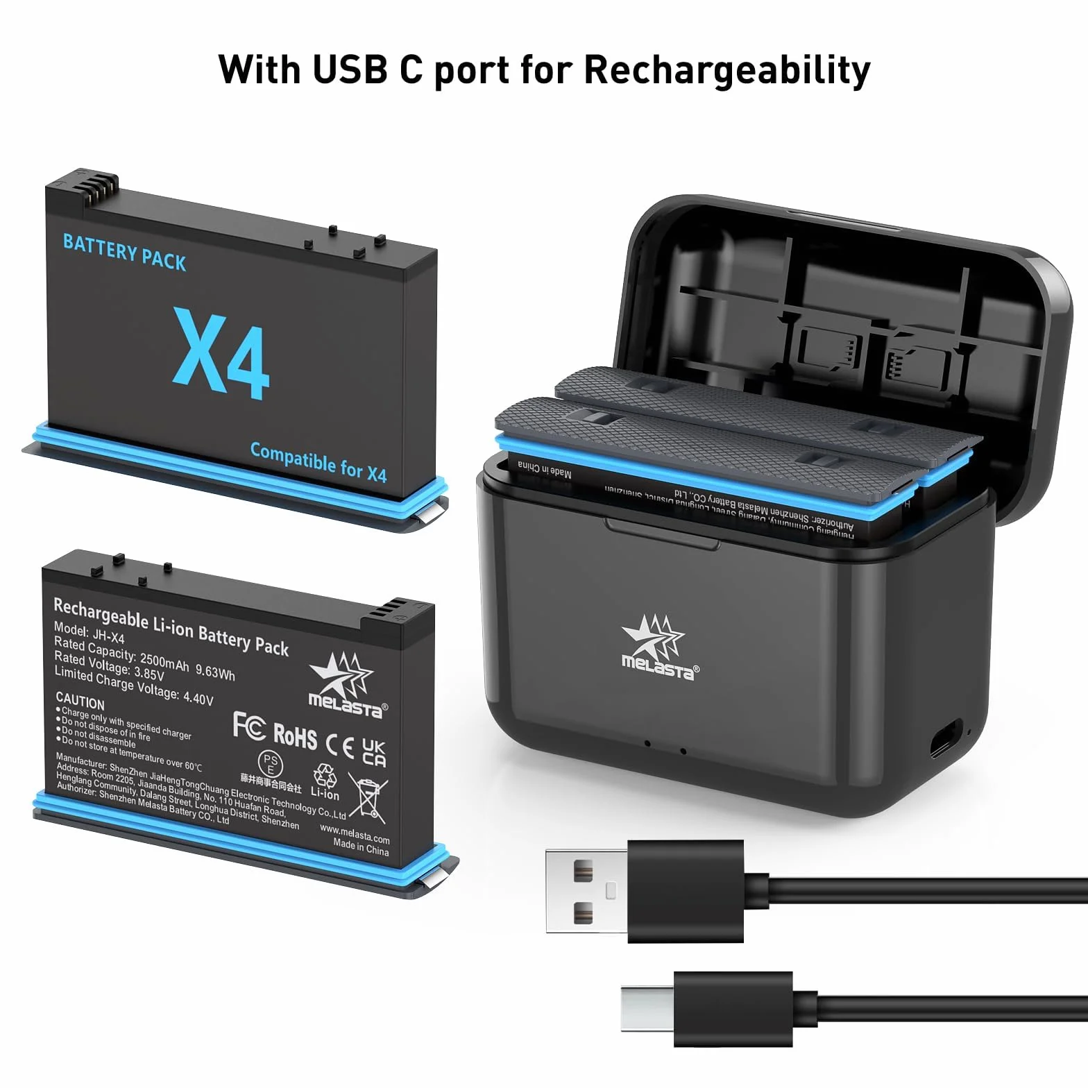 melasta 3,85 V 2500 mAh do baterii Insta360 X4 i ładowarki z kablem USB-A do C, ładowarka do baterii aparatu z kartą SD do przechowywania i szybkim ładowaniem
