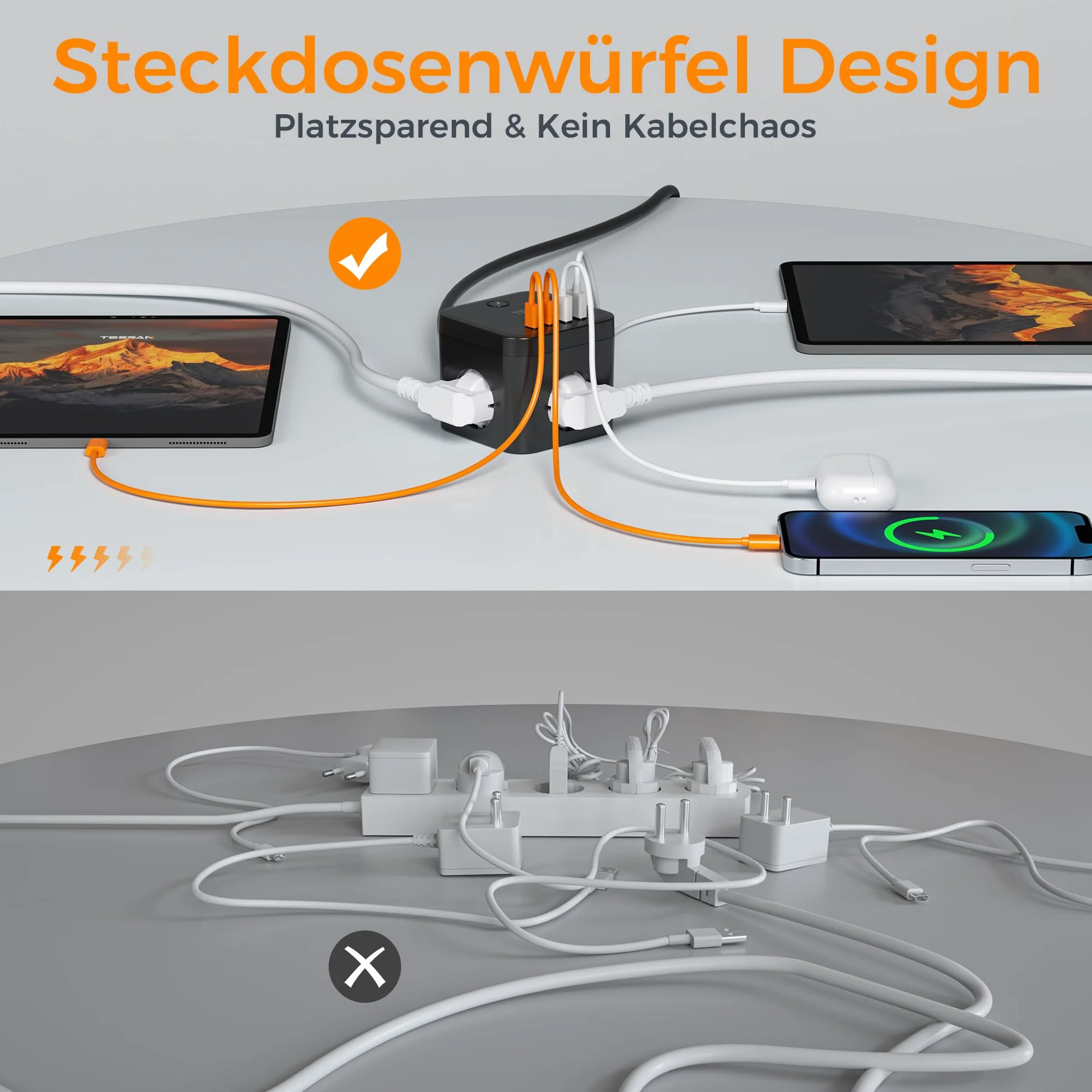 TESSAN Listwa zasilająca, płaska wtyczka PD, 20 W, szybkie ładowanie, 3 gniazda wtykowe z 2 gniazdami USB C i 2 USB A, kostka z przełącznikiem, przedłużacz 1,5 m, wtyczka wielokrotna, do biura, czarna