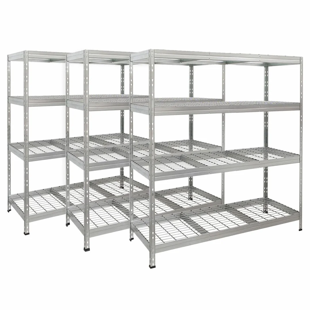 Zestaw 3 regałów do dużych obciążeń Rivet z półką z siatki stalowej 180 x 150 x 60 cm (wys. x szer. x gł.) 250 kg na półkę, ocynkowany. Regał wtykowy, metalowy regał piwniczny, regał magazynowy, regał warsztatowy