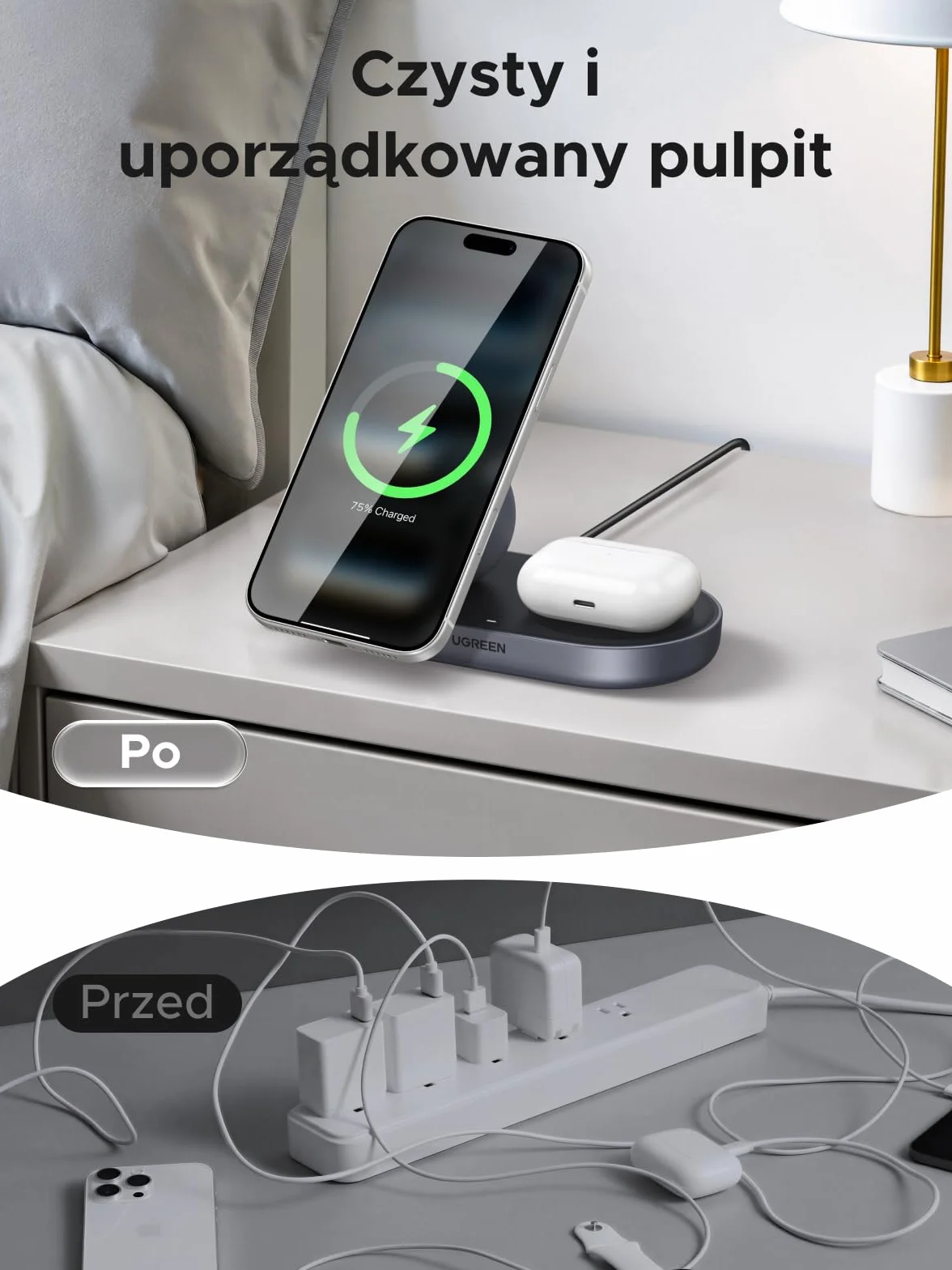 UGREEN Zapix Ładowarka Bezprzewodowa Qi2 25W Magnetyczna Stacja Ładowania MagSafe iPhone 17/16/15/14/13/12 AirPods Czarny