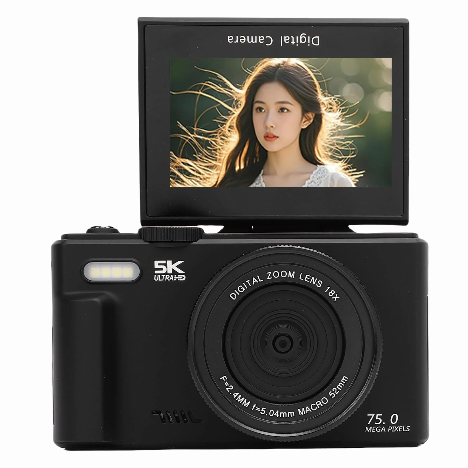 Aparat Cyfrowy, 5K 75MP Autofocus Wi -Fi Vedio Camera do Fotografii, z Ekranem Klapki 3 Cali 180 °, 18x Cyfrowy Zoom, Kompaktowy Mały Aparat dla Chłopców Dziewczyn (32GB)