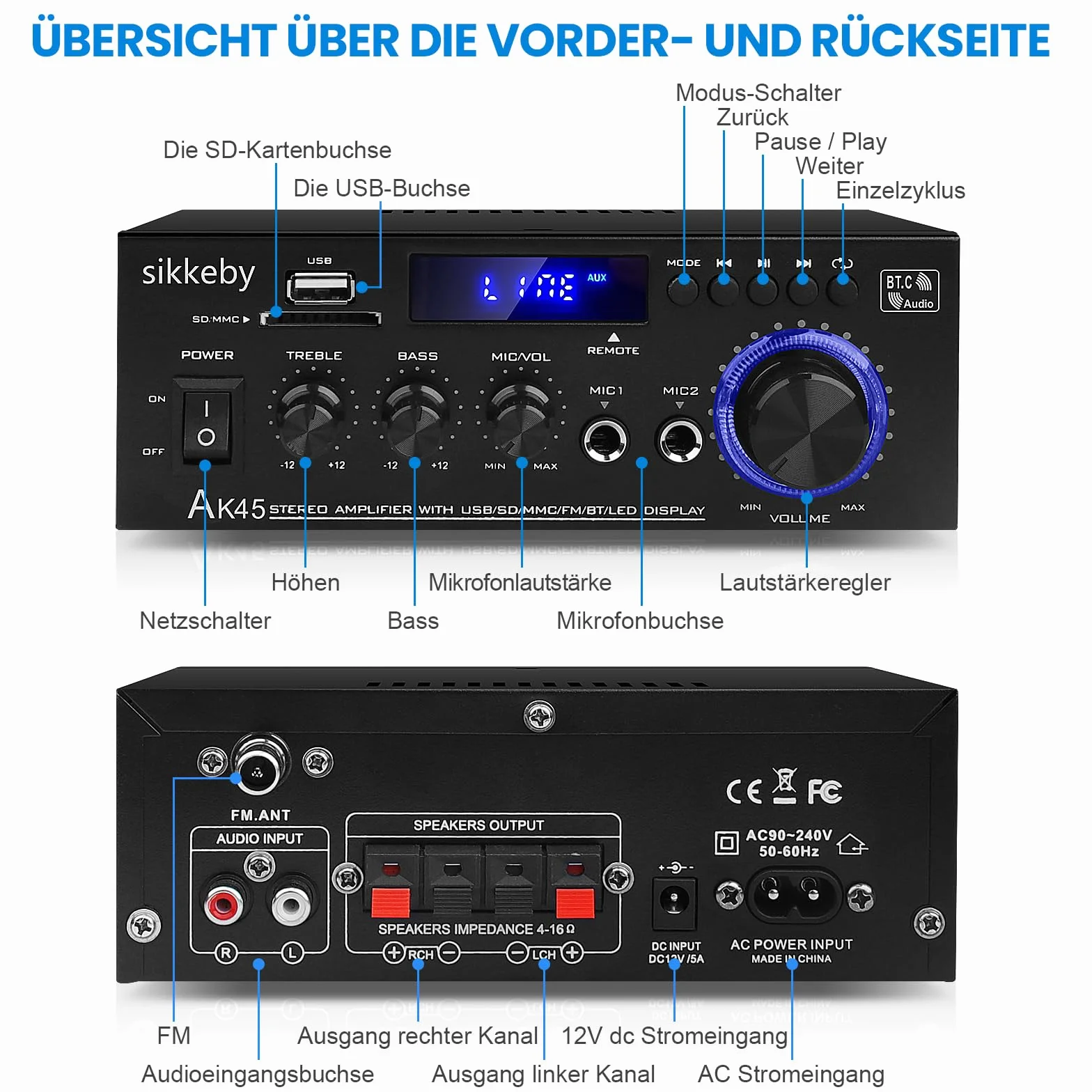 Wzmacniacz HIFI AK45 600W Bluetooth Stereo 2-kanałowy 12V/220V Radio FM SD USB