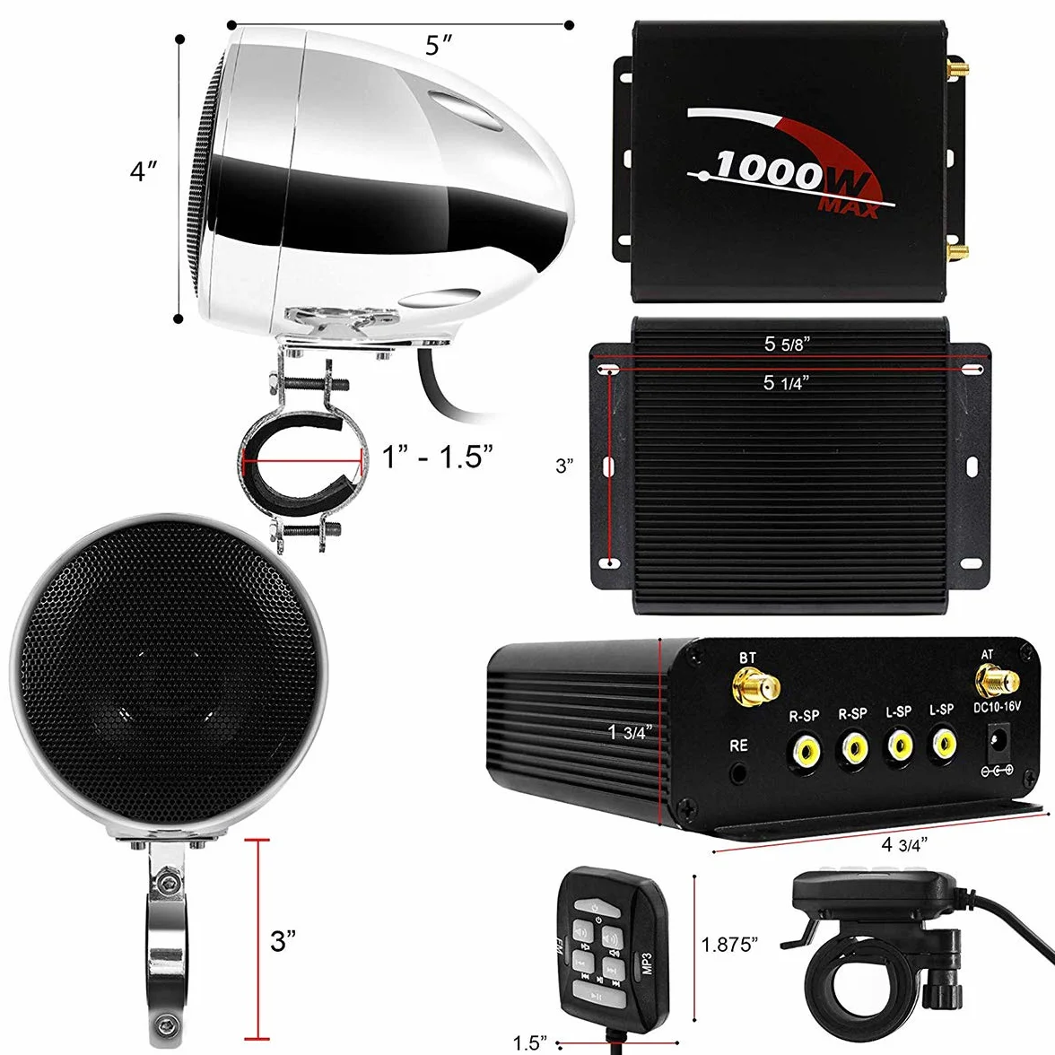 4-kanałowy wzmacniacz motocyklowy, 1000 W, 4 cale, pełny zakres, wodoodporny, Bluetooth, motocykl, głośniki stereo, system audio z AUX, USB, SD, FM, radio do kierownicy, 1–1,5 cala, Harley, Cruiser, ATV, UTV, chromowany, sieć