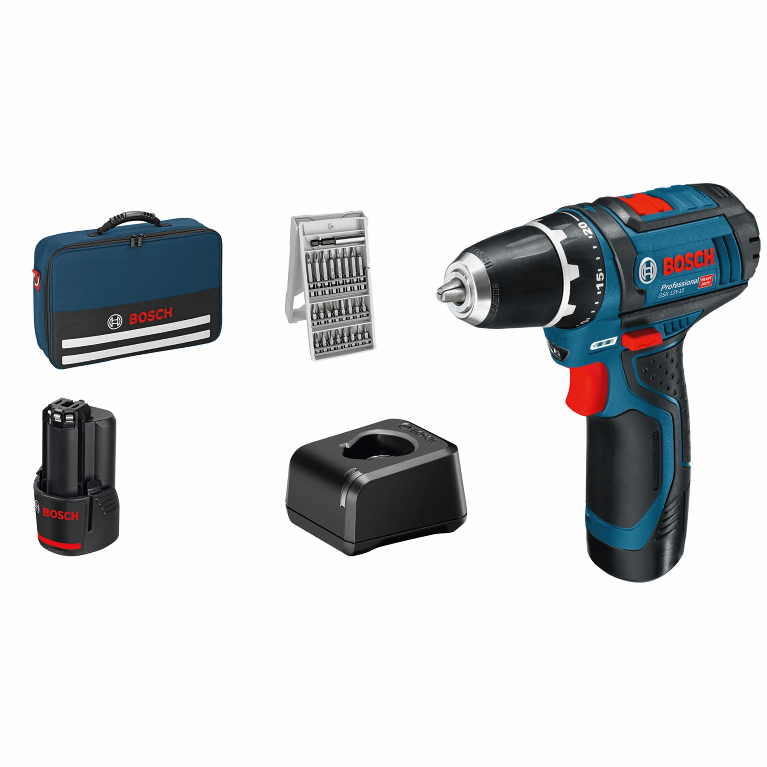 Bosch Professional System 12 V wiertarko-wkrętarka akumulatorowa GSR-12 V-15 (z zestawem 2 x akumulator 2,0 Ah, ładowarka GAL 12 V-20, zestaw bitów)