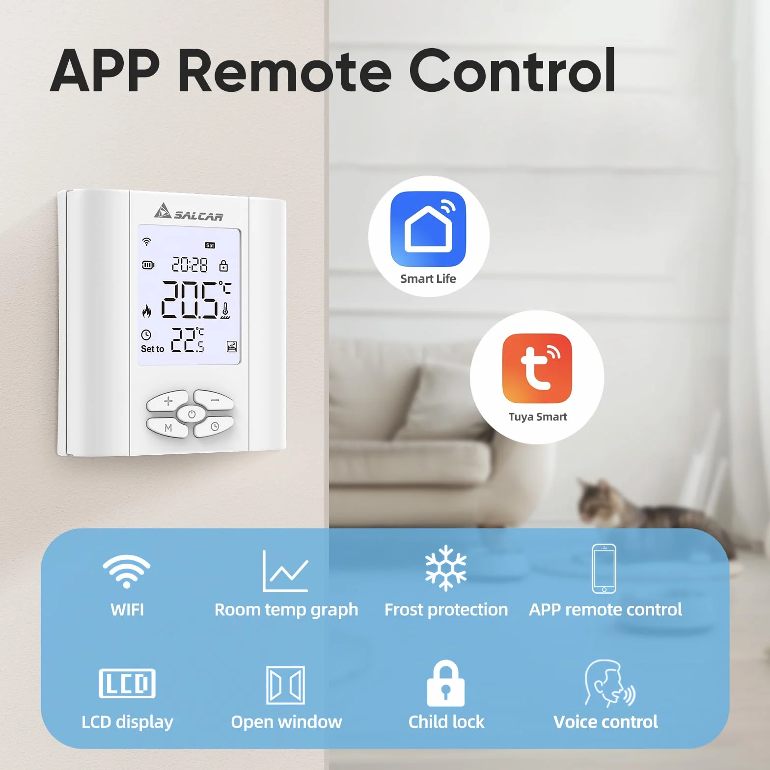 SALCAR Termostat sieciowy WiFi do kotła gazowego/ogrzewania podłogowego z wodą, programowalny z wilgotnością, kompatybilny z Amazon Alexa i Google Home, głowica termostatyczna Tuya