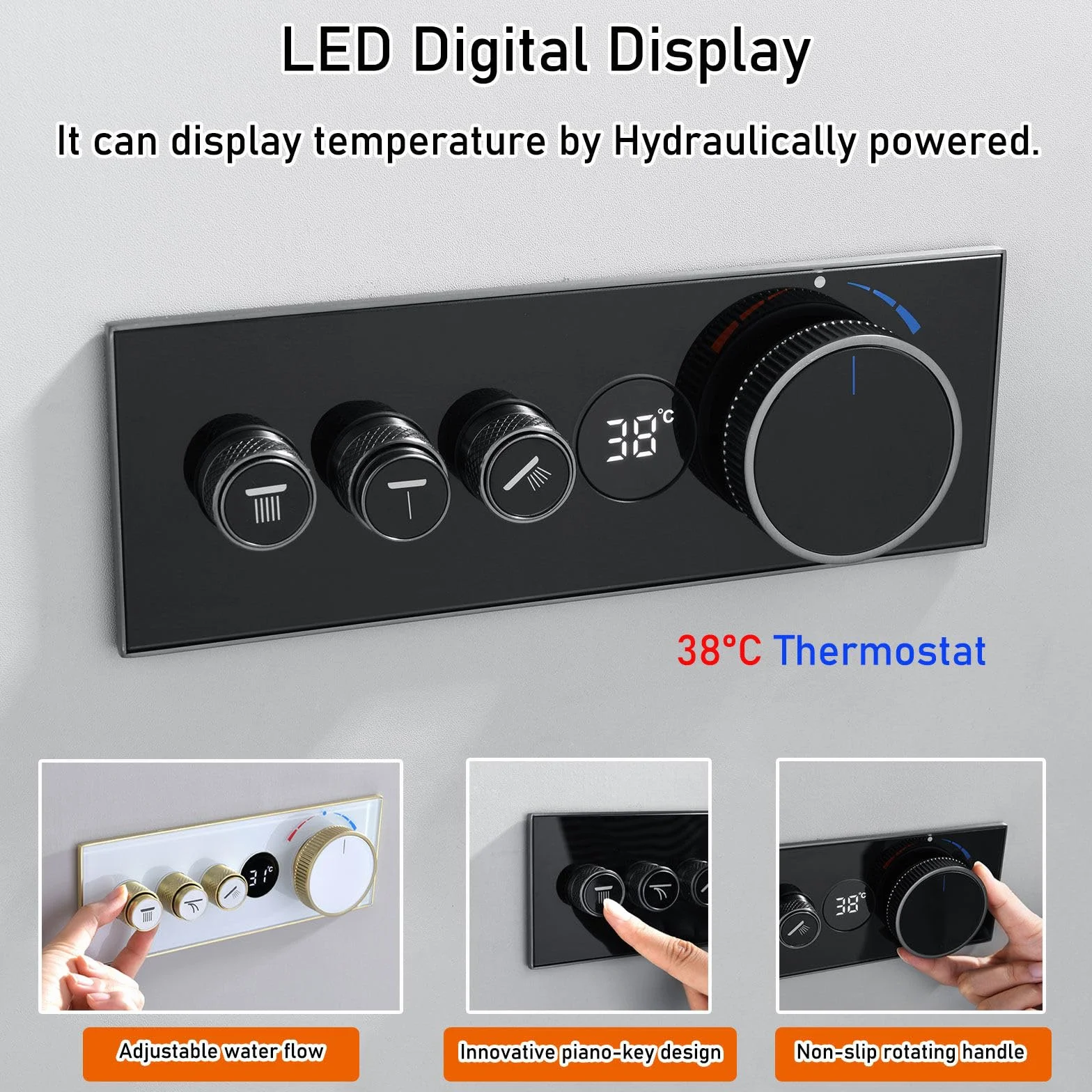 BEITH Termostatyczny zestaw prysznicowy 550 x 228 mm, kwadratowy, ukryty system prysznicowy z cyfrowym wyświetlaczem LED, 2 tryby montażu na ścianie, zestaw baterii prysznicowych, deszcz, wodospad, 3