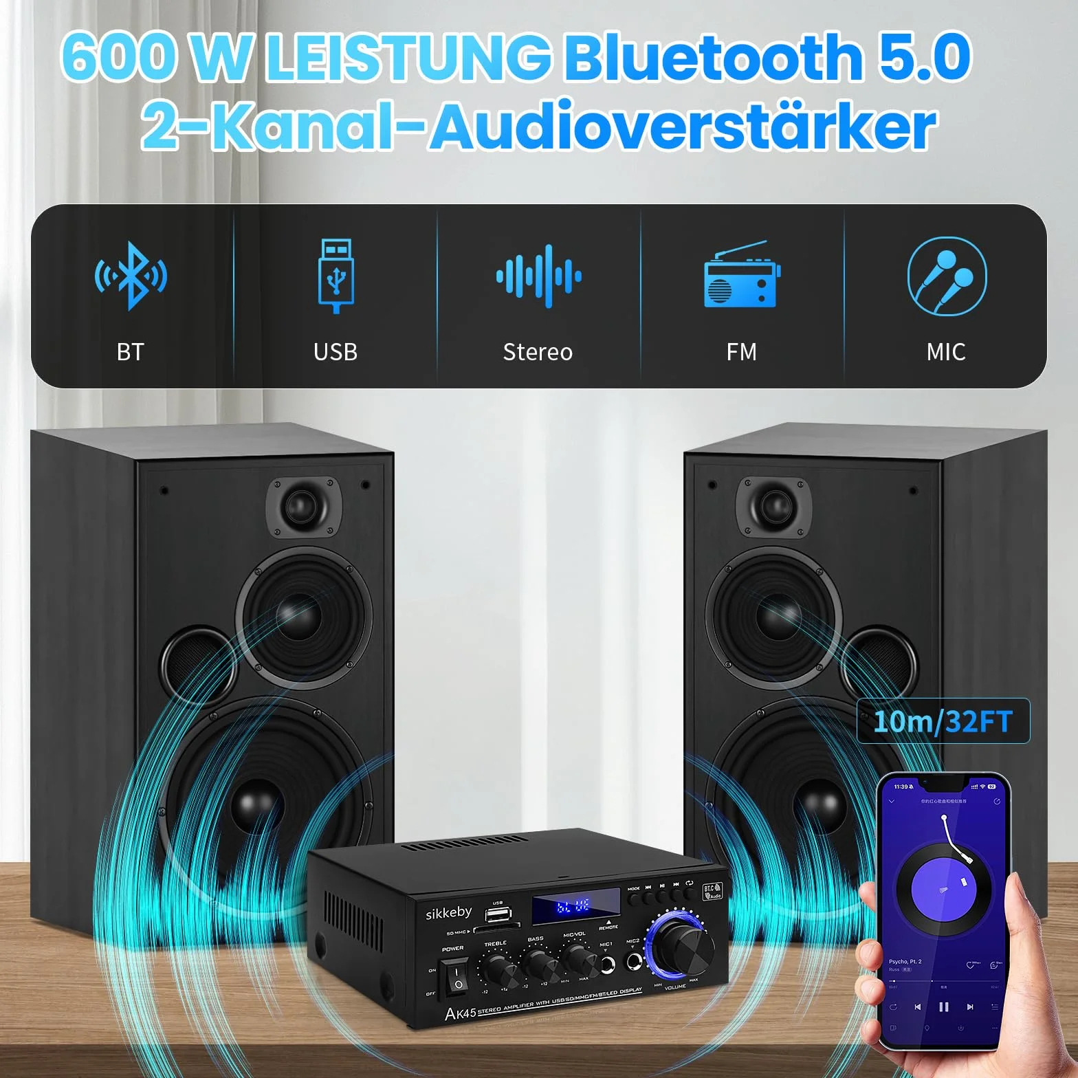 Wzmacniacz HIFI AK45 600W Bluetooth Stereo 2-kanałowy 12V/220V Radio FM SD USB