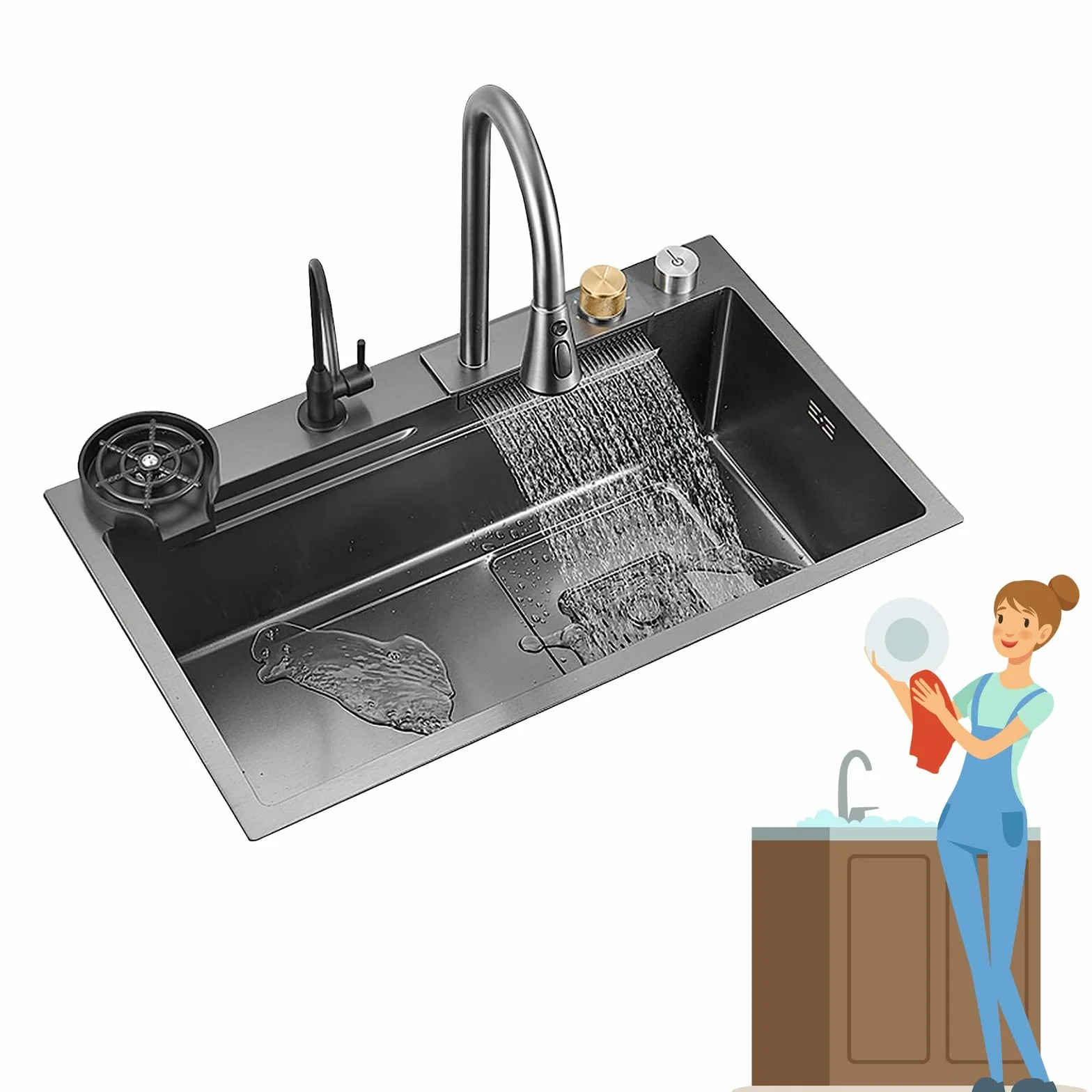 Czarny zlew kuchenny ze stali nierdzewnej, zlewy gospodarcze Nano Raindance Waterfall, zlew do wpuszczania lub podblatowy ze zlewem na kubek i wyciąganą baterią, do pralni, nowoczesny barek (72*45 cm)