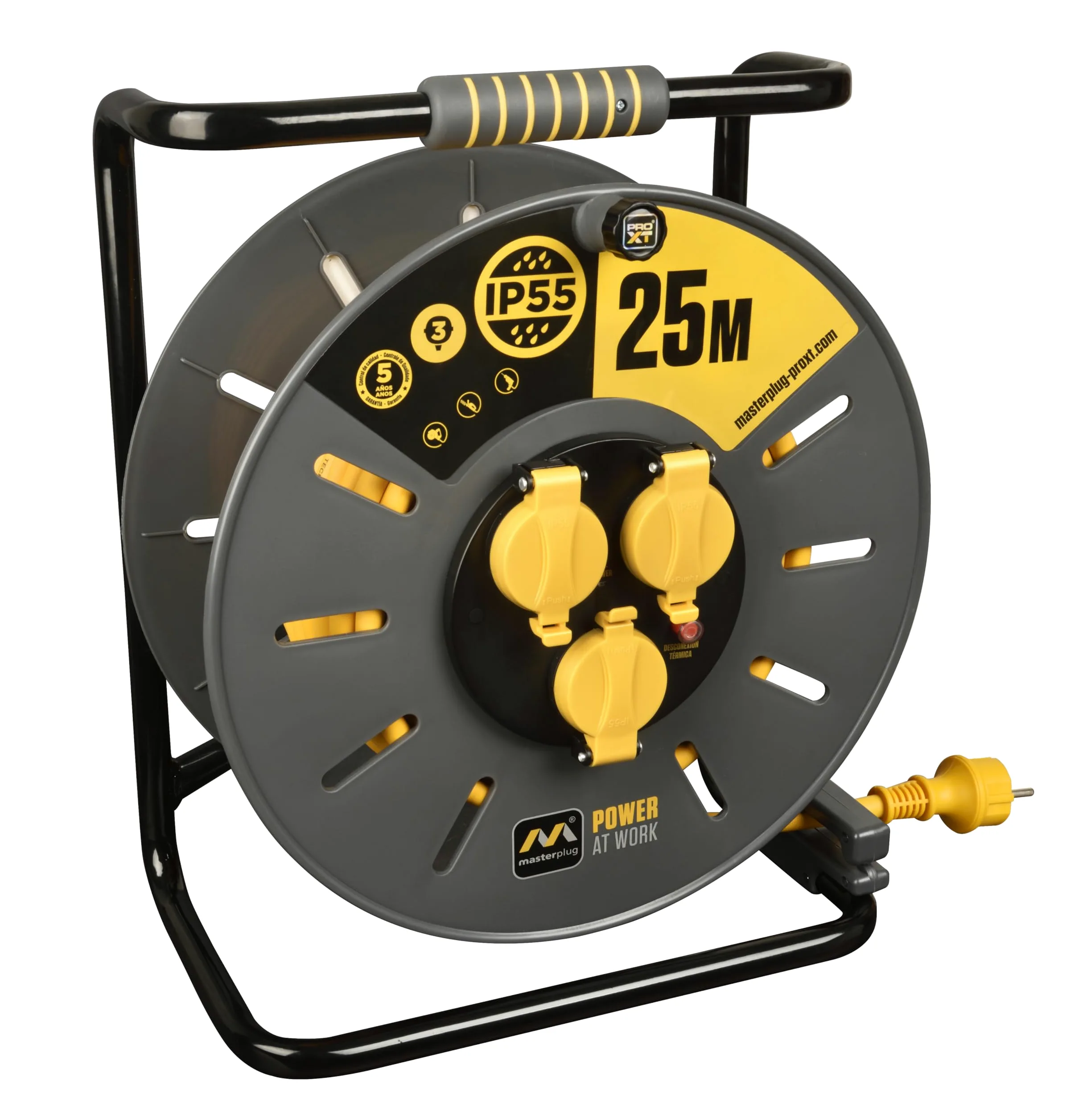 Masterplug Pro-XT Zwijany 25m, przedłużacz Wtyczka IP55, przedłużacz elektryczny 3 gniazda Schuko, długie profesjonalne gniazdo 3x2,5mm2