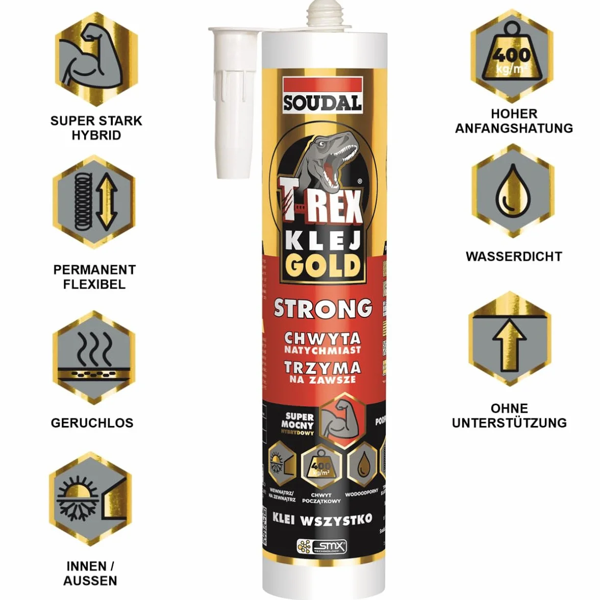 290 ml SOUDAL T-REX GOLD hybrydowy klej montażowy wzmocniony włóknami