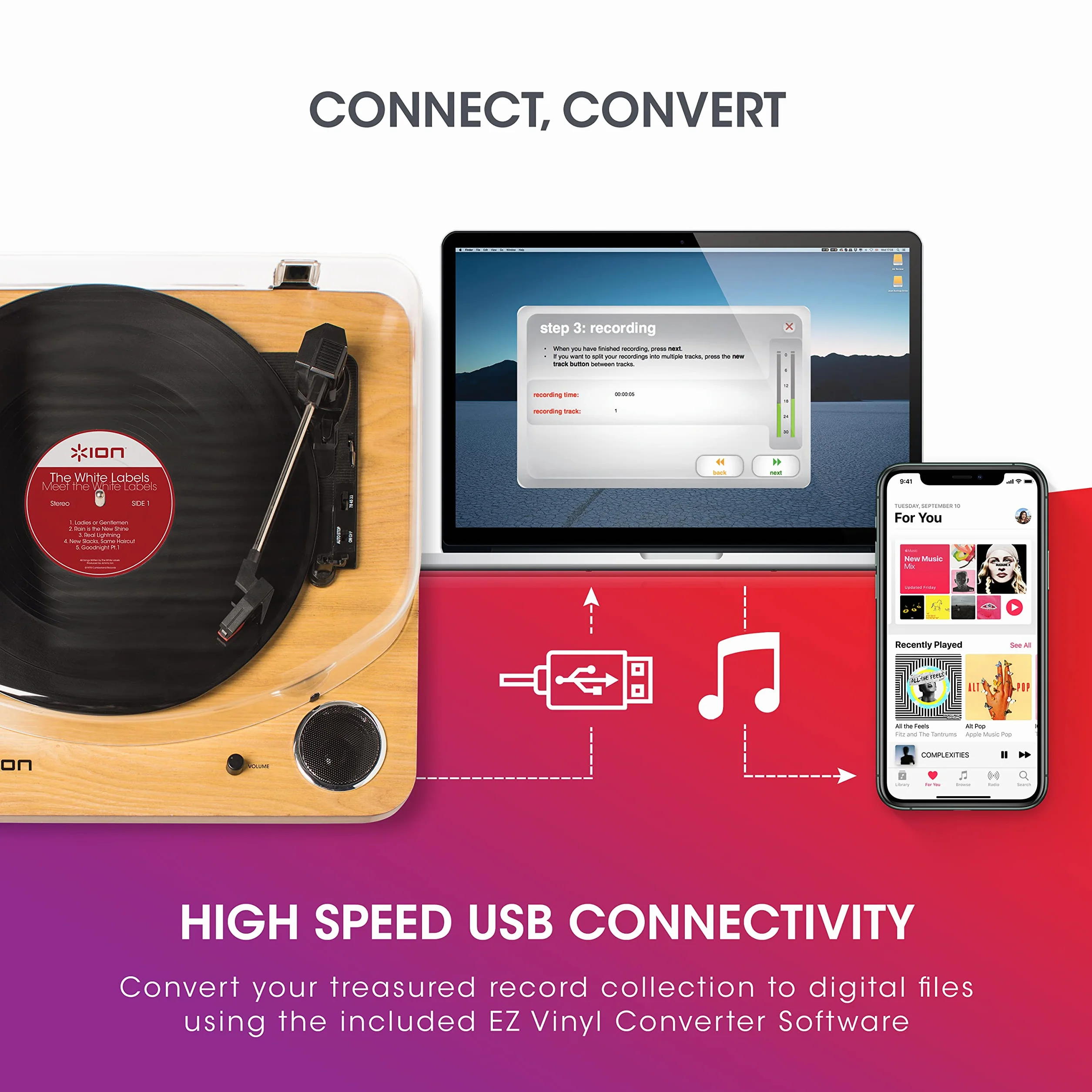 ION Audio Max LP Gramofon z wbudowanymi głośnikami wyjście USB drewno naturalne
