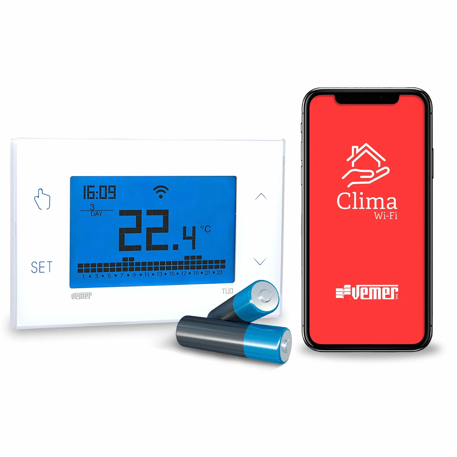 VEMER VE788600 TWÓJ BATERIA WIFI - Programowalny inteligentny termostat WiFi do kotła, kompatybilny z Alexa i Google Home, zarządzany za pomocą aplikacji do zdalnego sterowania, biały