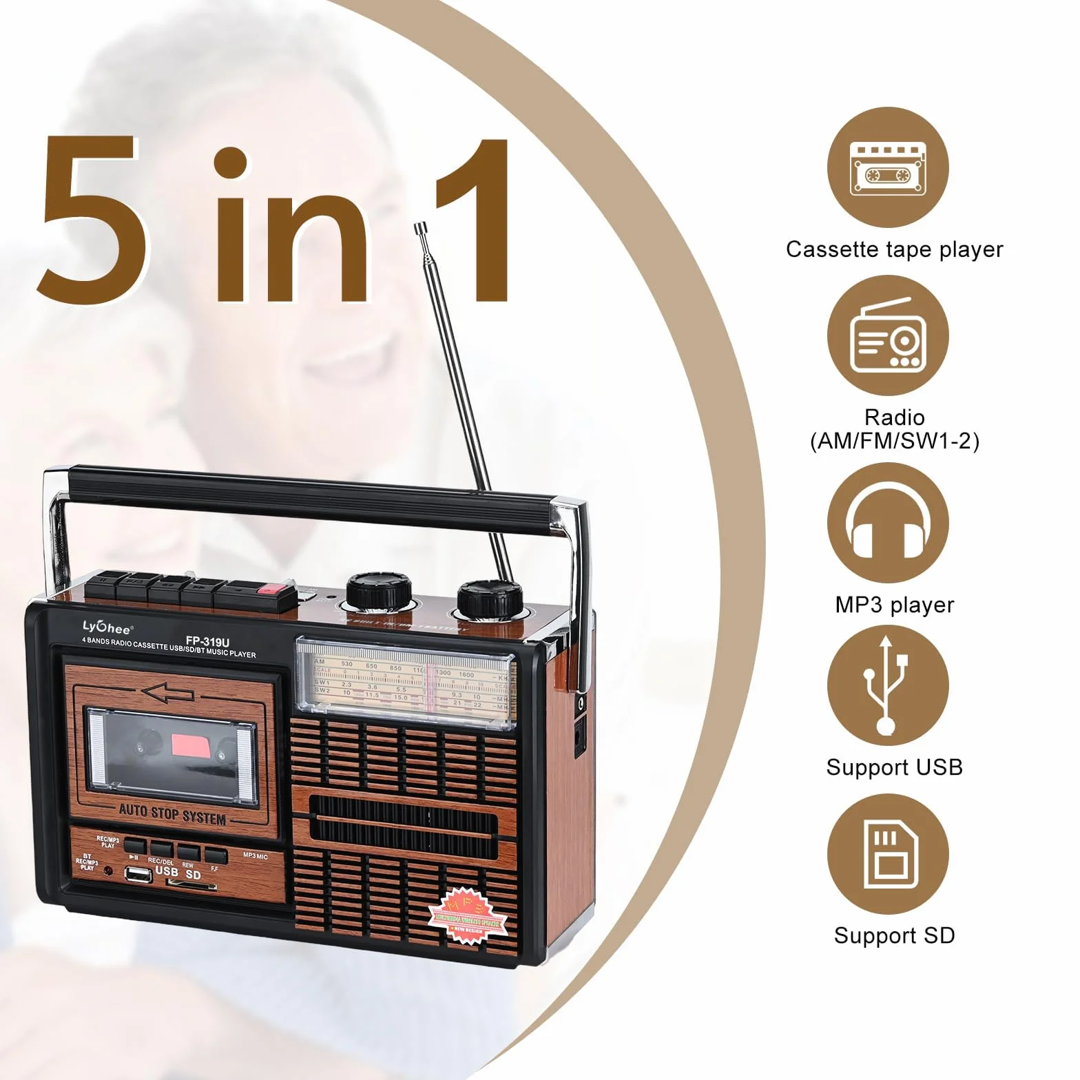Lychee Boombox Przenośny magnetofon kasetowy retro AM/FM/SW1-2 SD/USB brązowy F319U