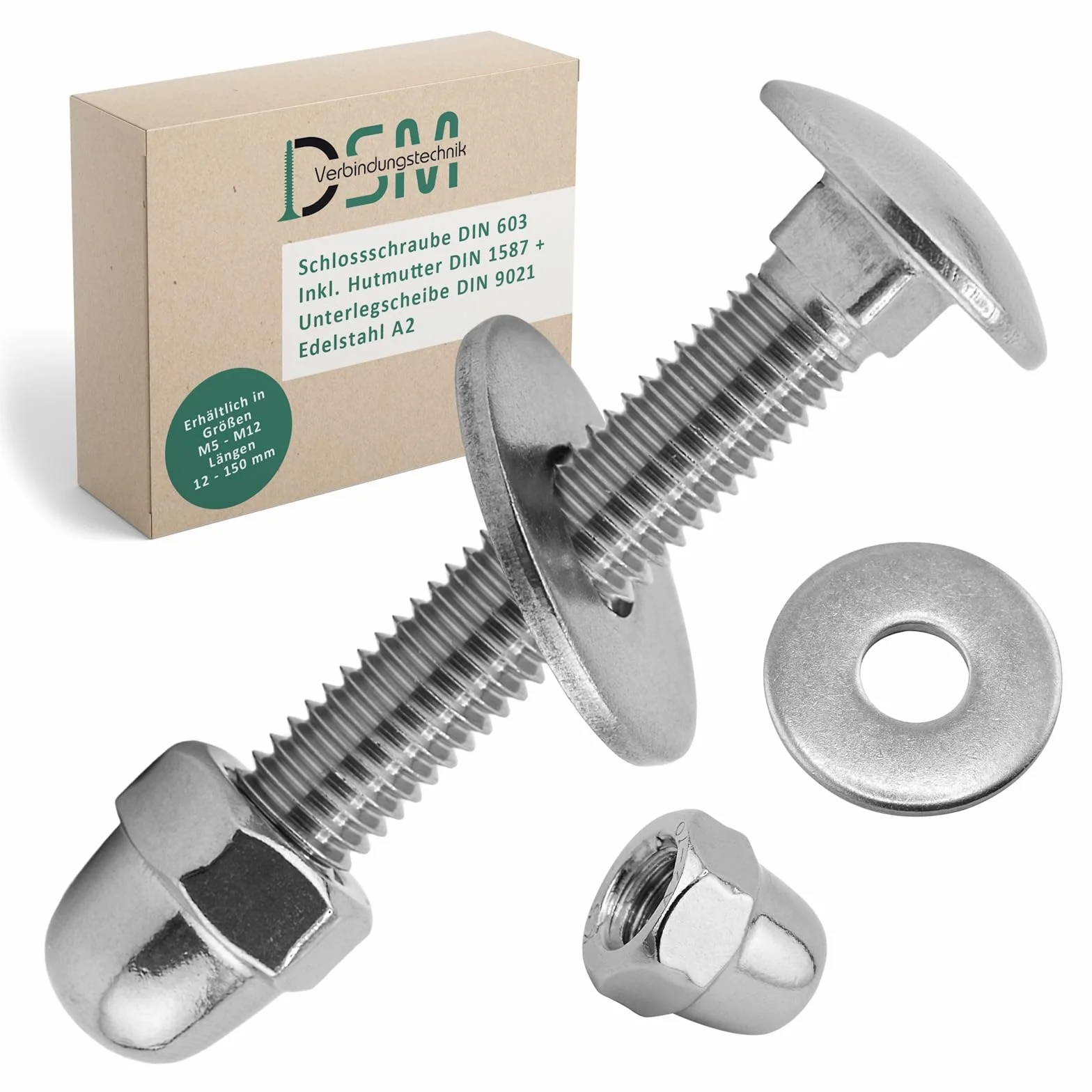DSM – śruby zamkowe M12 x 35 mm zgodnie z normą DIN 603 – M12 nakrętka nakrętka DIN 1587 i podkładka DIN 9021 – stal nierdzewna A2/V2A – pełny gwint – śruby z łbem płaskim z nasadką czworokątną – 100