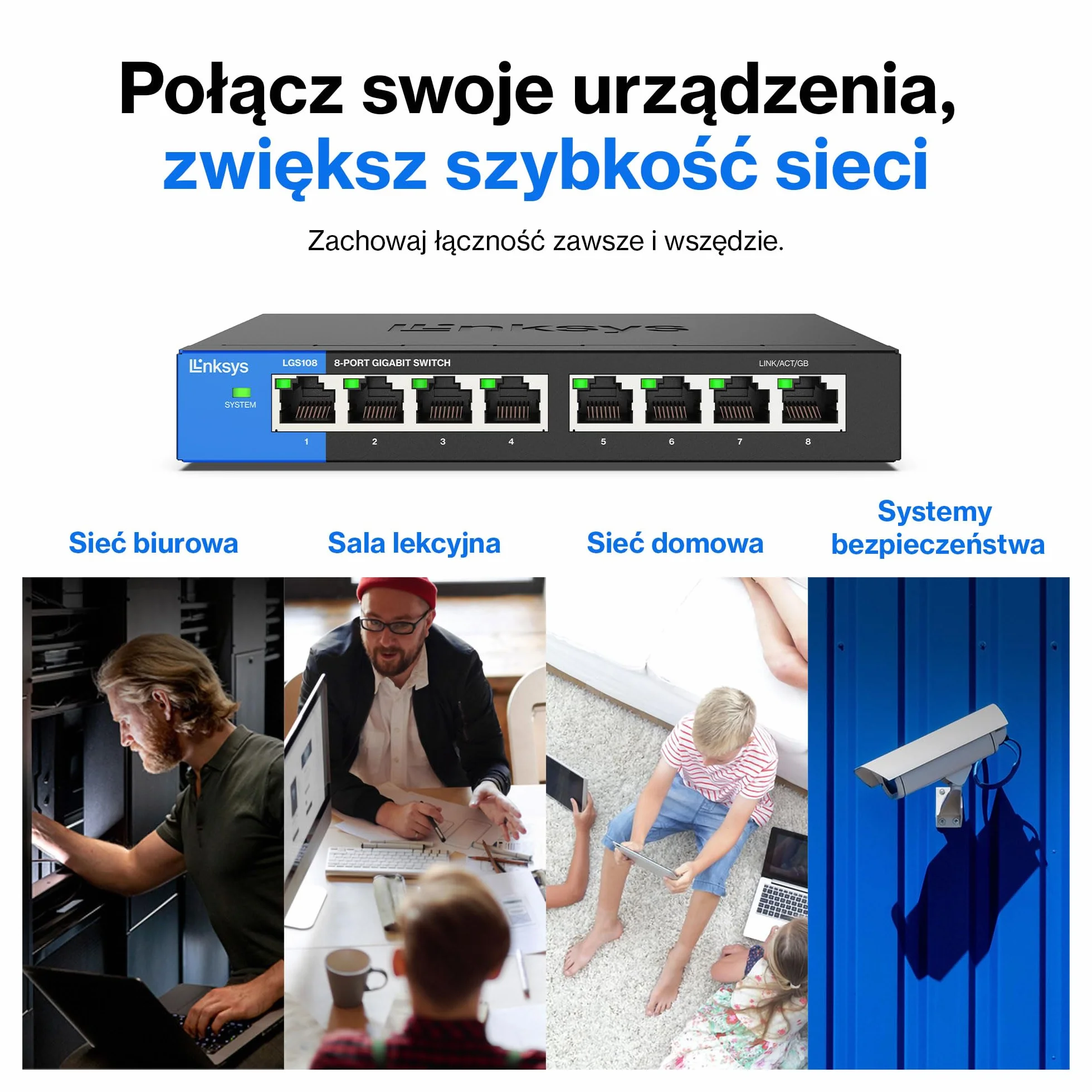 Linksys LGS108-EU 8-portowy Przełącznik Sieciowy Gigabit (bez wentylatora, funkcja Auto Sensing, funkcja oszczędzania energii), Czarny