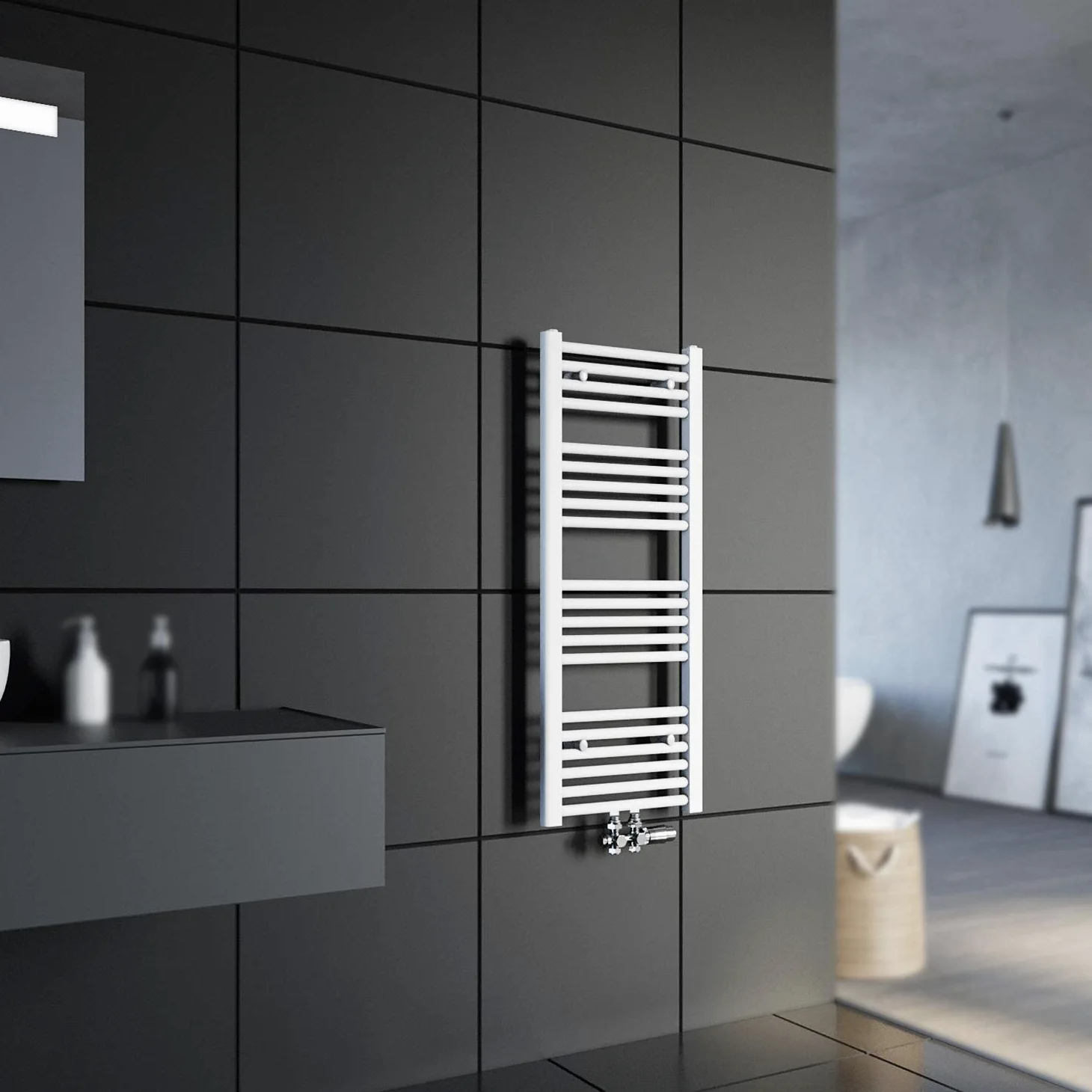 SONNI Grzejnik łazienkowy, 1600 x 400 mm, suszarka na ręczniki, biała, 358 W, designerska, ogrzewanie, przyłącze środkowe z białym termostatem multiblokowym