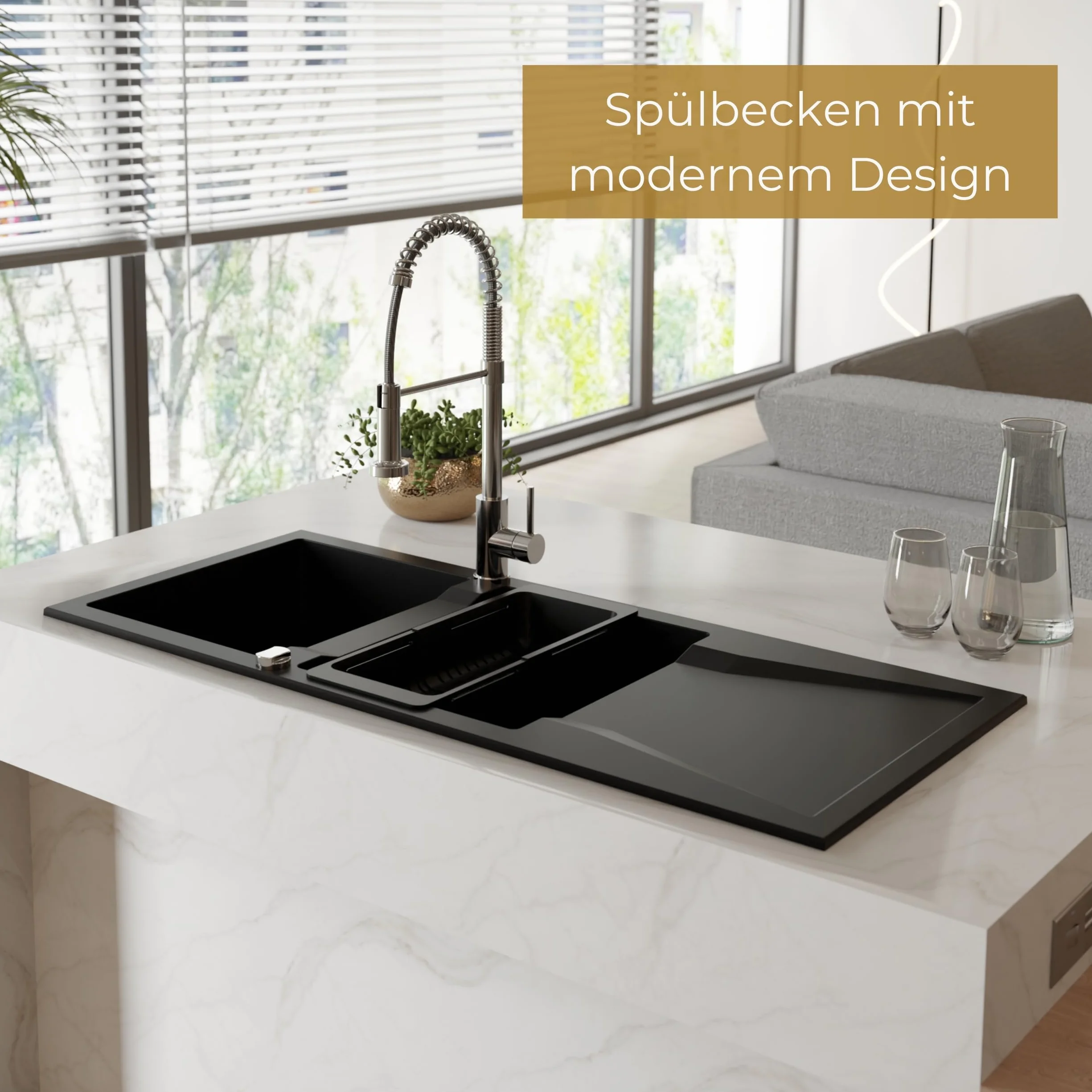 SINK QUALITY podwójny zlewozmywak z ociekaczem, zlewozmywak granitowy czarny 116 x 50 cm, podwójny zlew z syfonem i substancją impregnującą, 2 umywalki zlewozmywaki kuchenne od 80