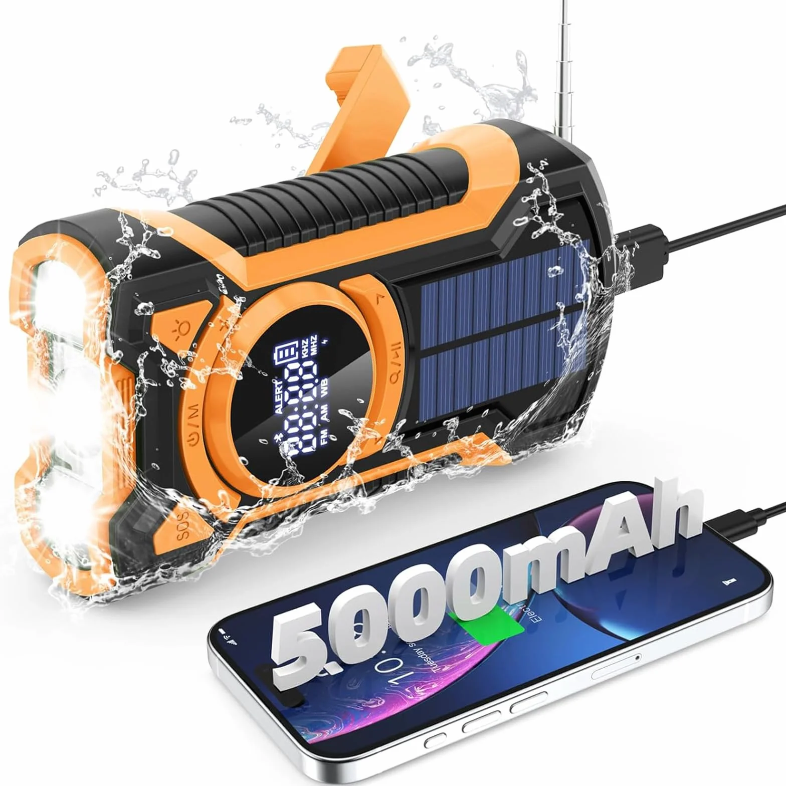 Radio awaryjne z ręczną korbą, głośnik Bluetooth na korbę z akumulatorem 5000 mAh, ładowarka słoneczna Power Bank USB AM/FM Radio SOS Alarm Latarka IPX5 Wewnętrzny Outdoor Camping Emergency