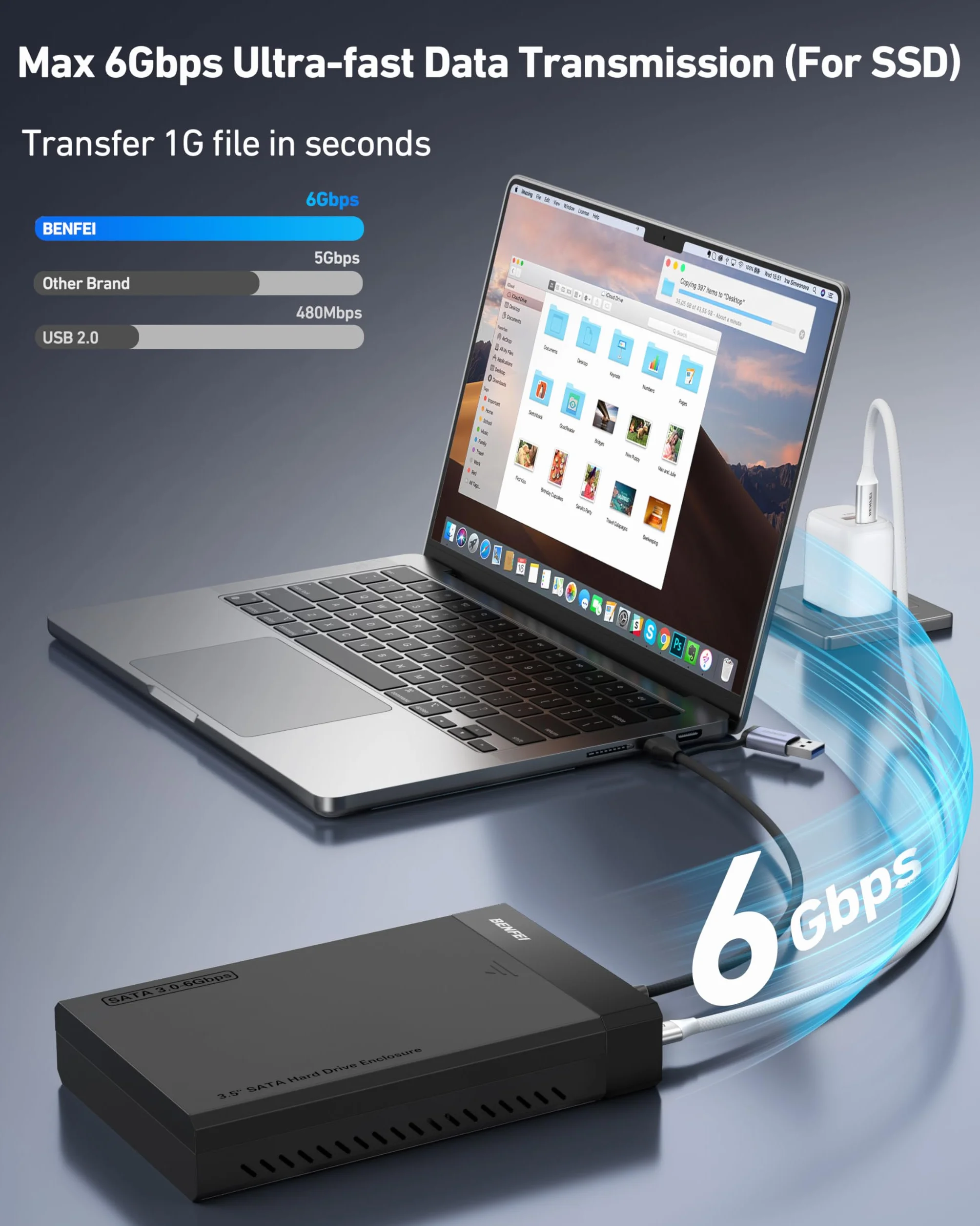 BENFEI Obudowa HDD/SSD SATA 3,5/2,5 cala, konstrukcja bez narzędzi, obsługuje dyski twarde 20 TB i UASP
