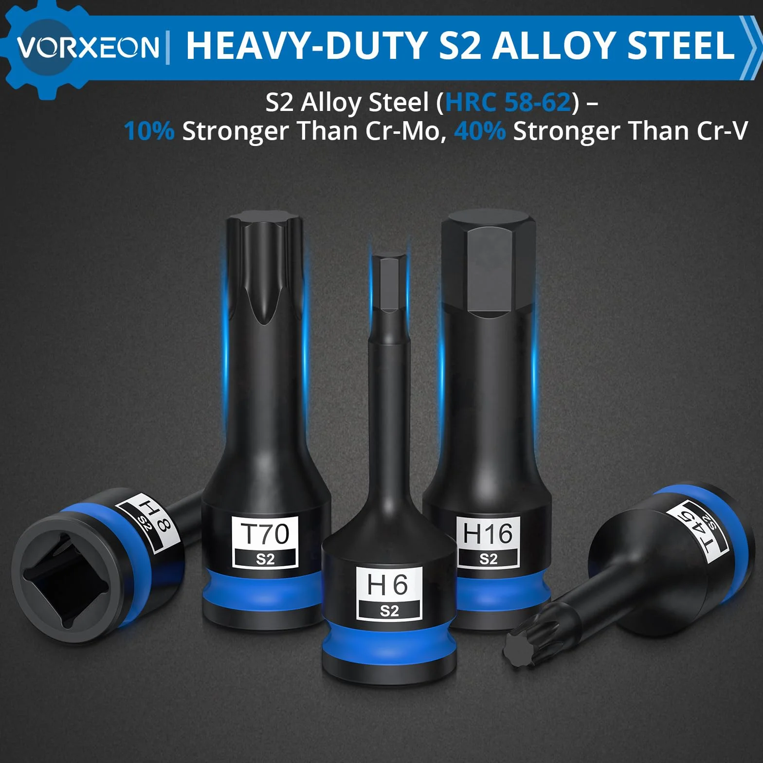 Zestaw 10 sztuk 1/2" kluczy sześciokątnych 5-19mm & 10 sztuk kluczy z końcówkami Torx T25-T80, materiał ulepszony Stal S2 z pudełkiem do przechowywania